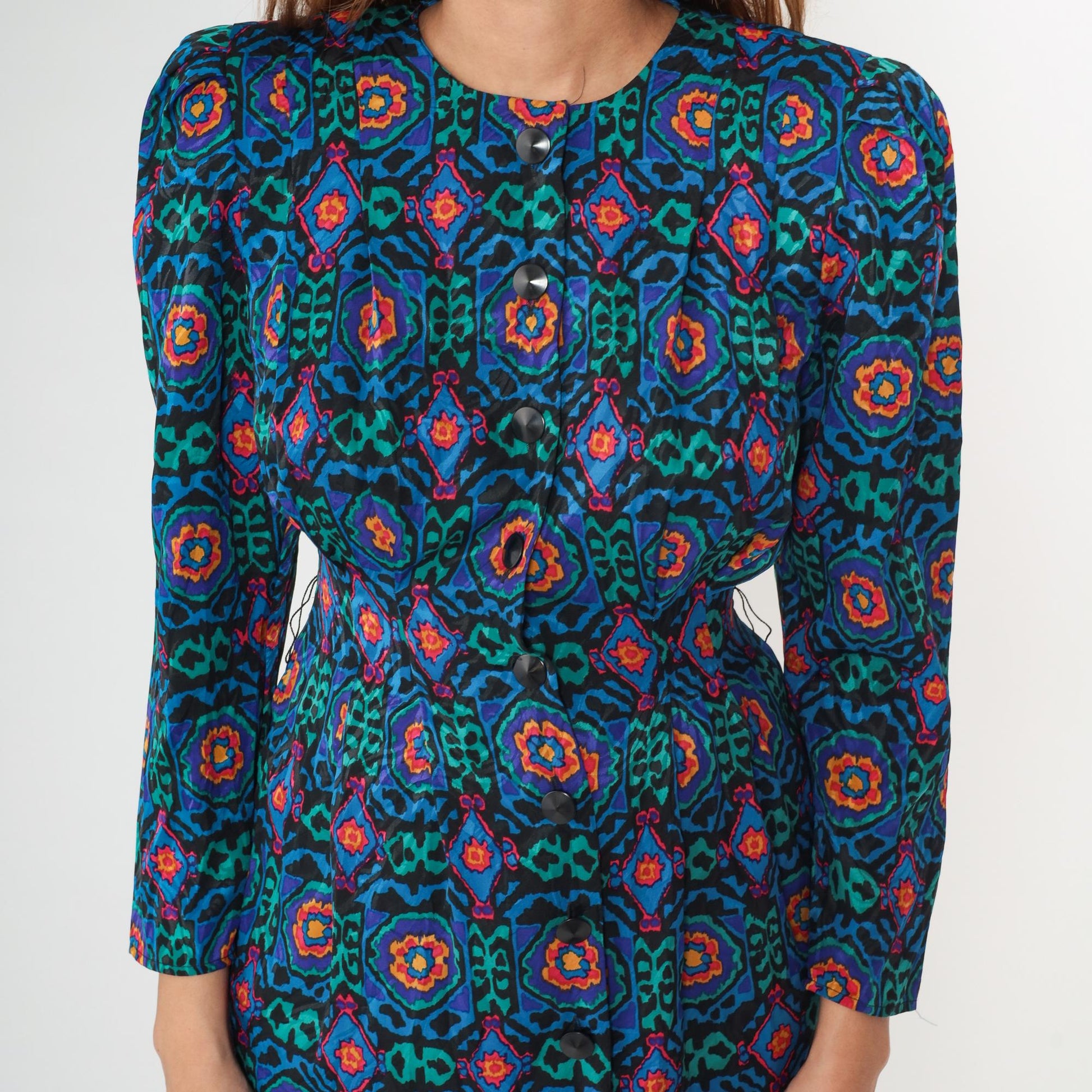 80s Papell Petites Medallion Print Dress Knee Length Geometric Small