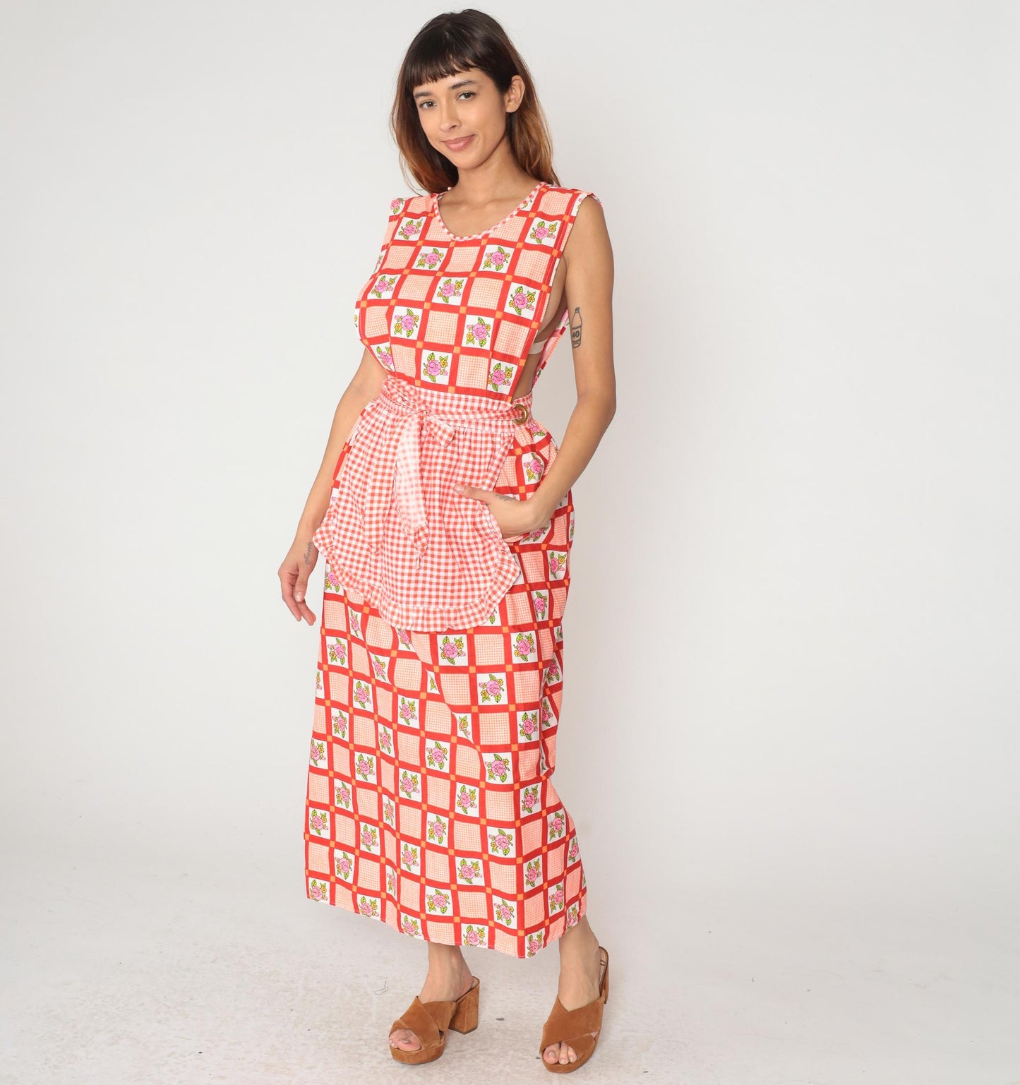 70s Design House Gingham Floral Maxi Dress Red White Pinafore Apron Small