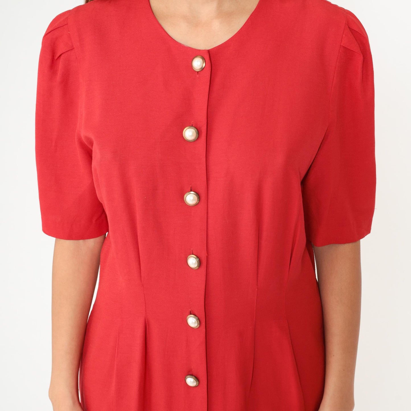 90s Caroline Wells Red Secretary Dress Pearl Buttons Short Sleeve Medium