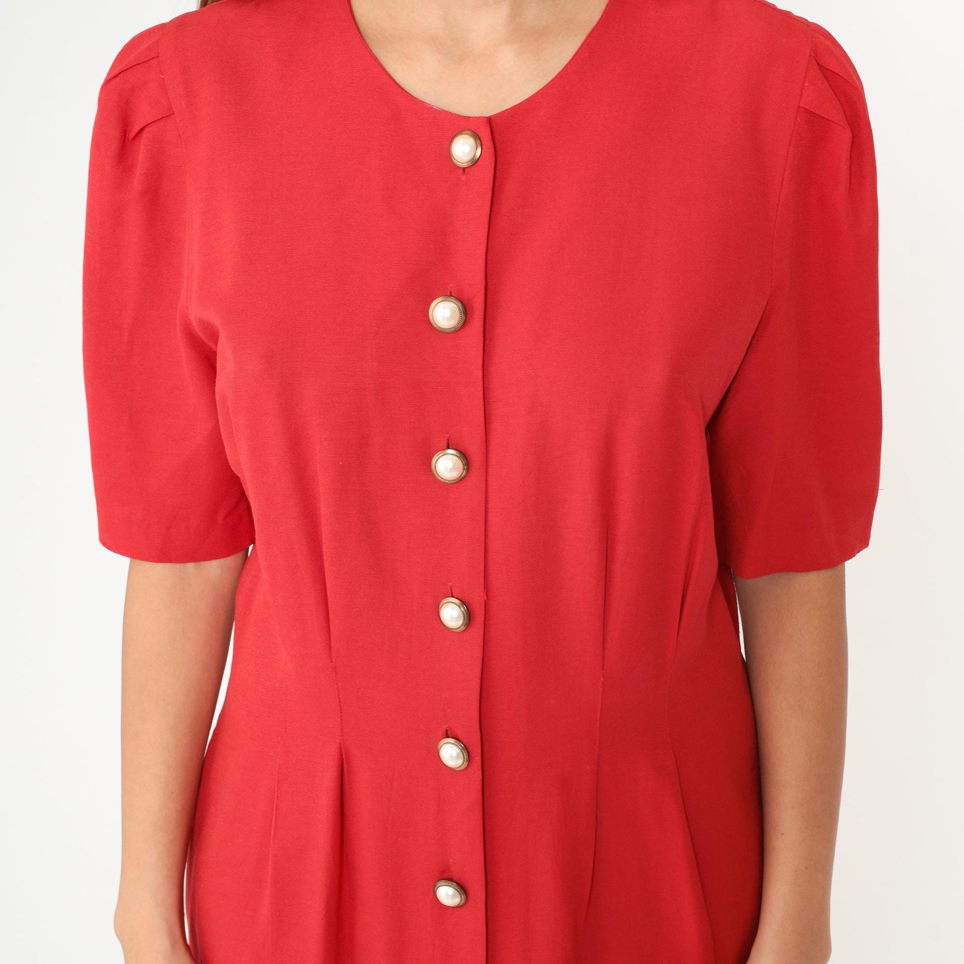 90s Caroline Wells Red Secretary Dress Pearl Buttons Short Sleeve Medium