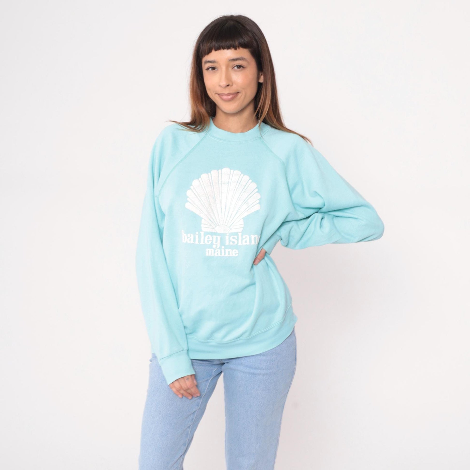 80s Tultex Bailey Island Maine Seashell Raglan Sweatshirt Light Blue Large