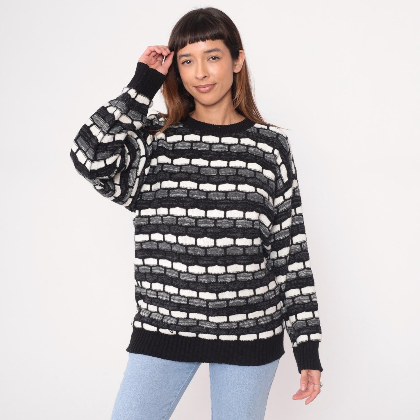 90s Checkpoint Geometric Knit Sweater Black White Grey Brick Pattern Large L