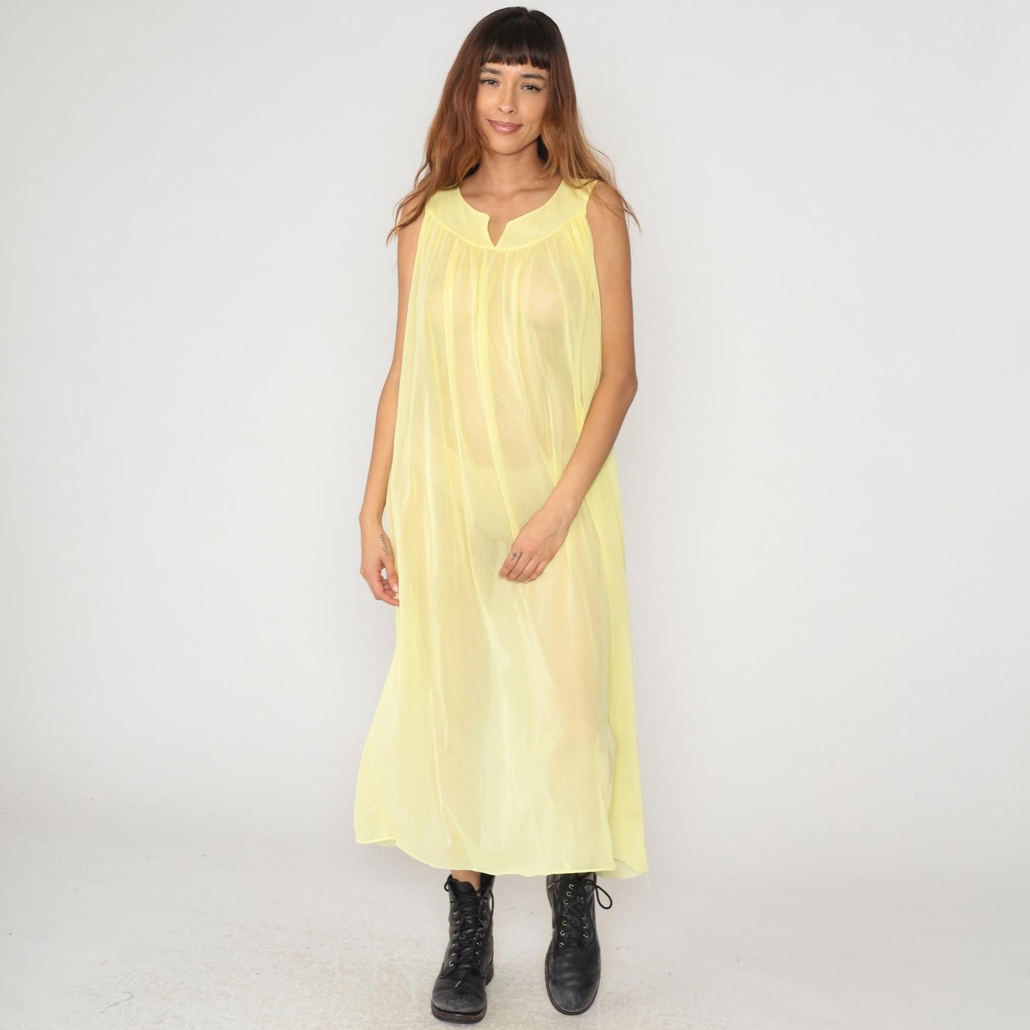 70s Yellow Maxi Nightgown Wide Collar Sleeveless Gathered Bodice Medium
