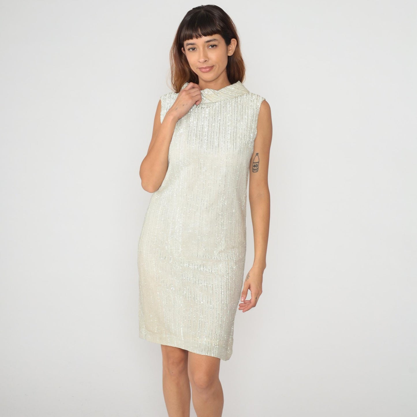 70s Fritzi of California Metallic Shift Dress Cream Collar Sleeveless Small