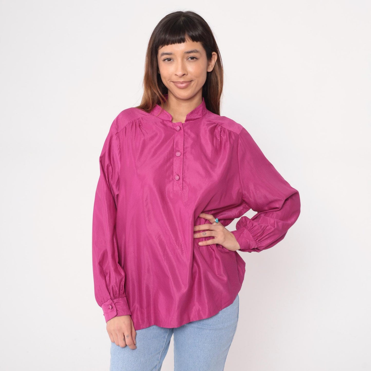 80s Pierre Cardin Magenta Button Blouse Diagonal Stripe Long Sleeve Extra Large