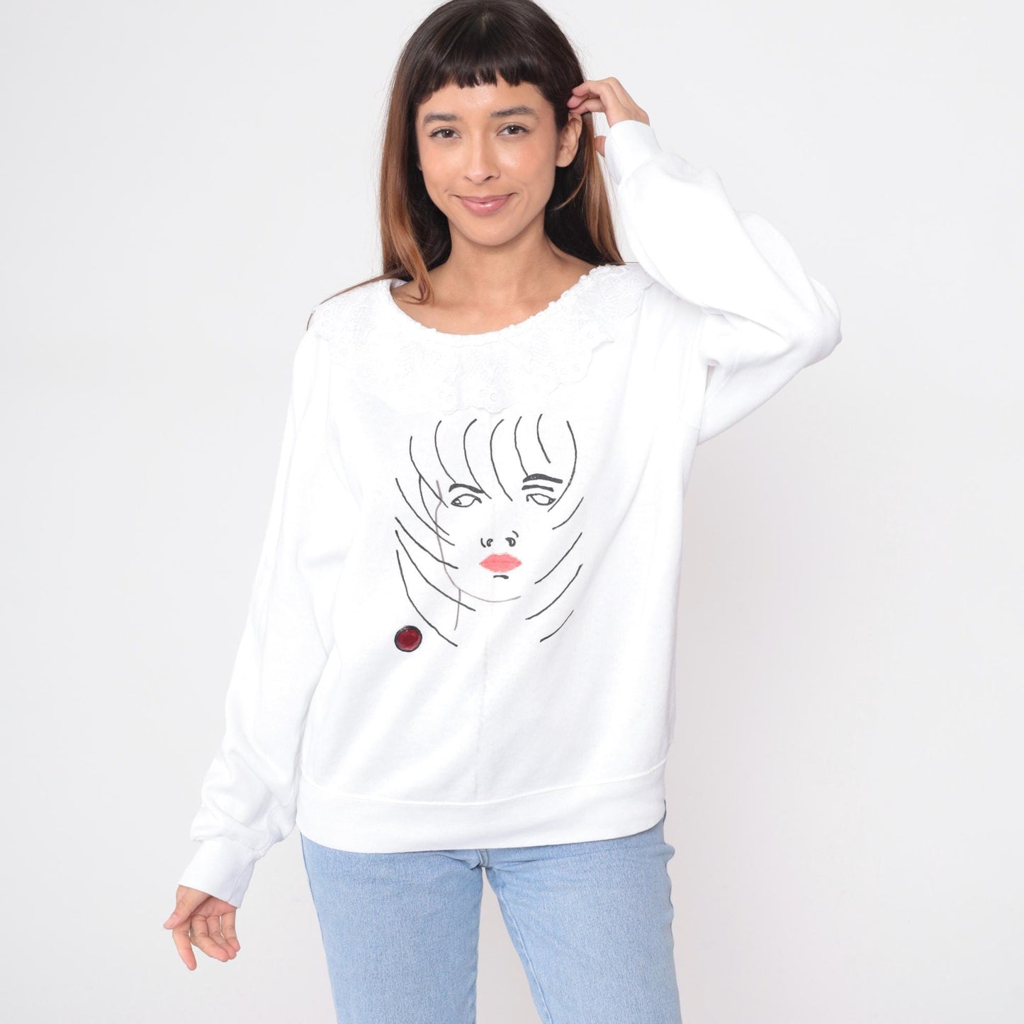 80s White Sweatshirt Embroidered Face Illustration Raglan Crew Neck Large L