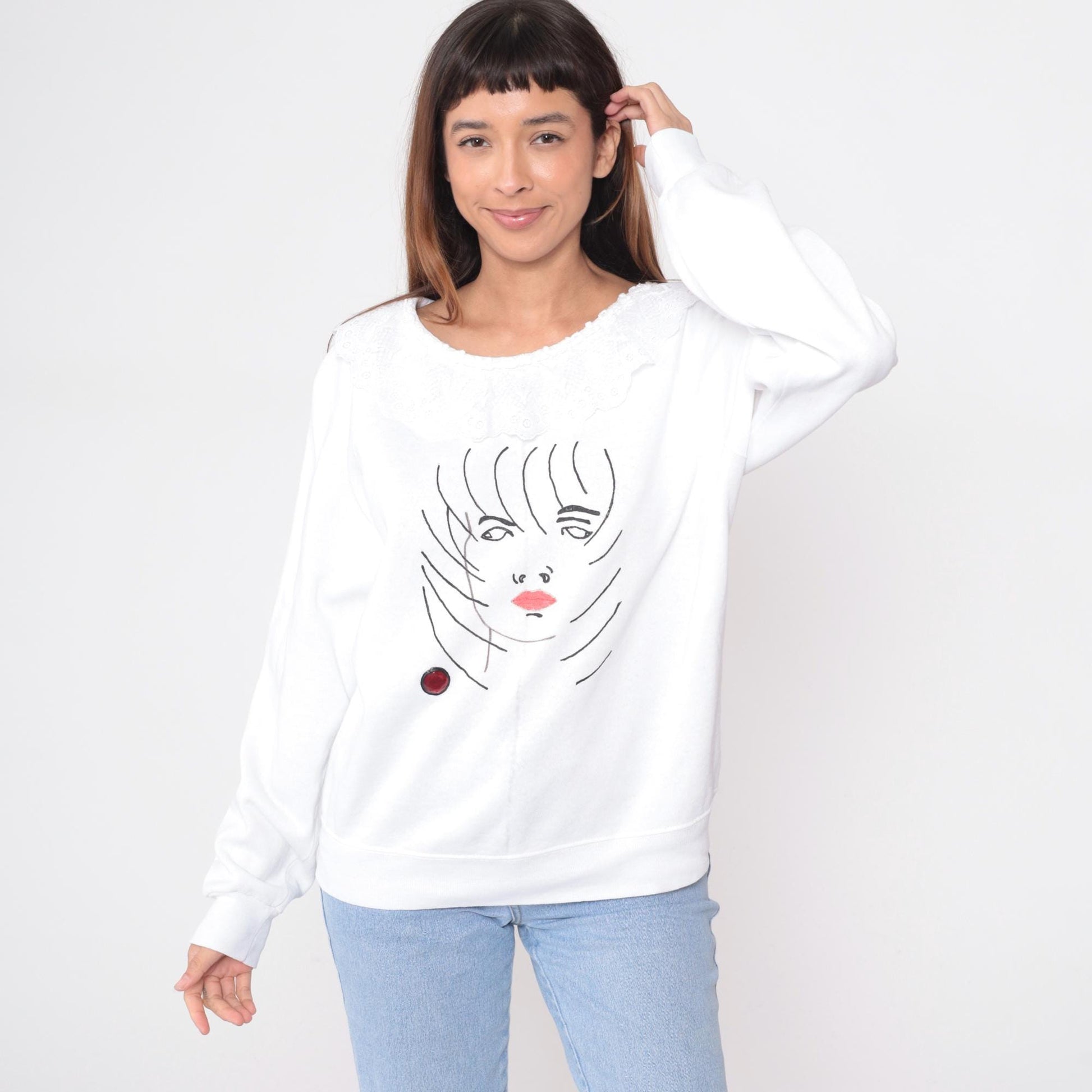 80s White Sweatshirt Embroidered Face Illustration Raglan Crew Neck Large L