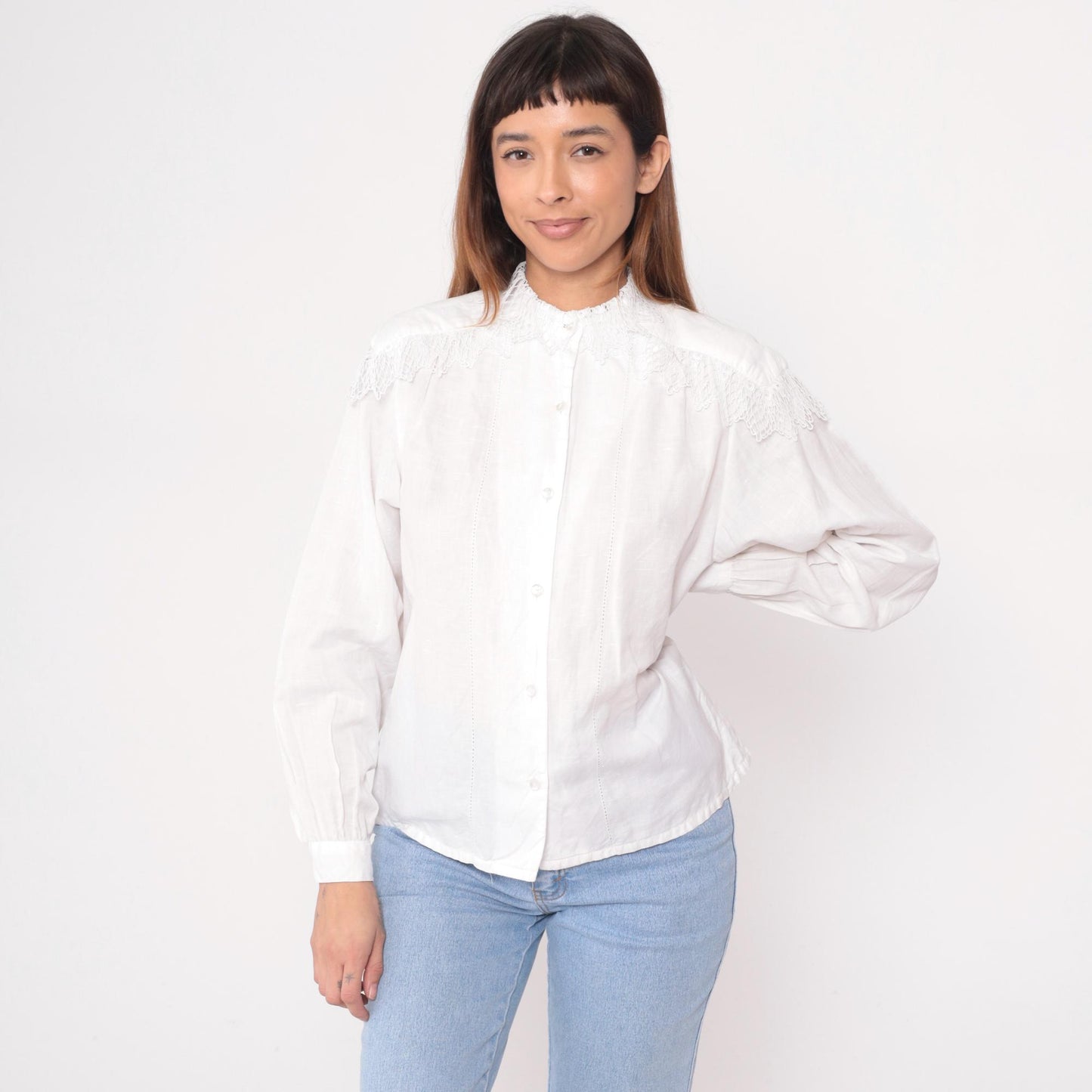 90s Carol Bird White Blouse Embroidered Lace Yoke Smocked Shoulders Medium