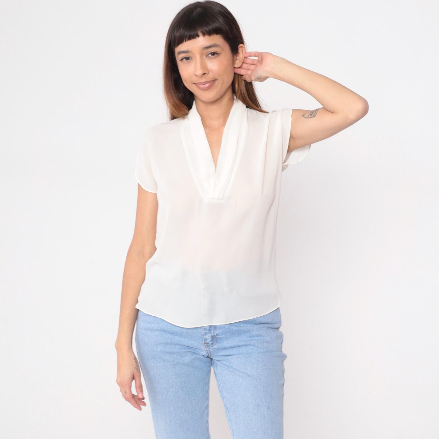 90s Oui Petites Cream Sheer Blouse V-Neck Cap Sleeve Small