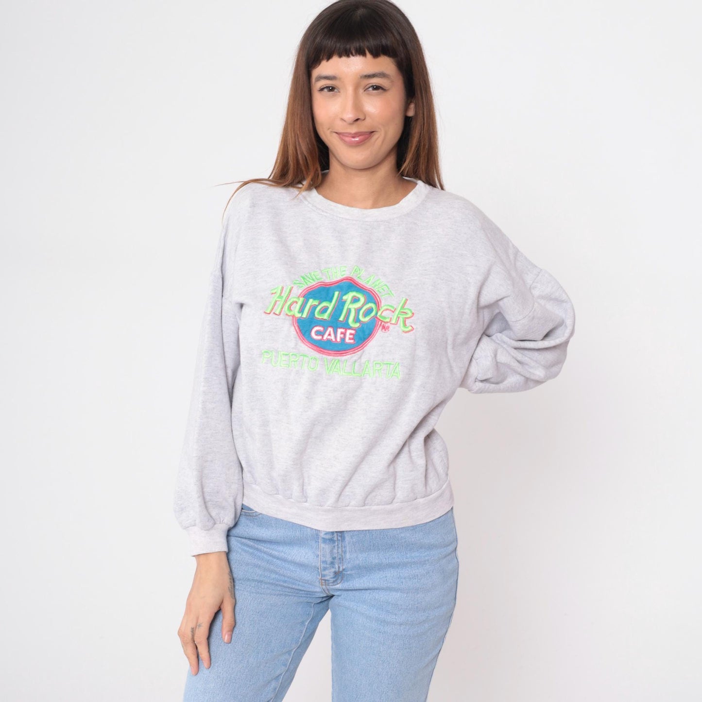 90s Hard Rock Cafe Puerto Vallarta Sweatshirt Heather Grey Embroidered Logo Large
