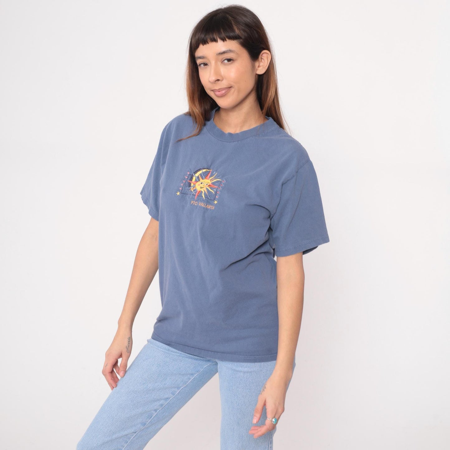 90s Yacht Club Puerto Vallarta Tee Sun Moon Embroidered Graphic Blue Medium