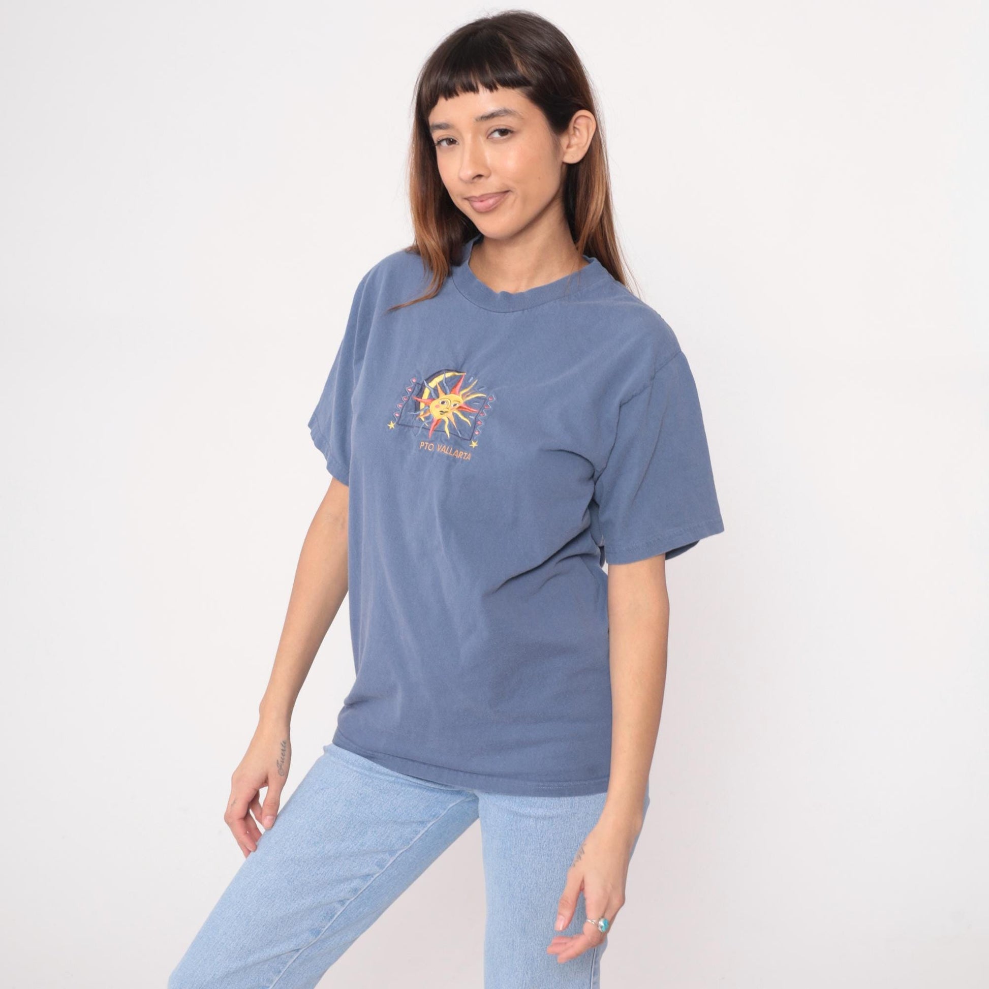90s Yacht Club Puerto Vallarta Tee Sun Moon Embroidered Graphic Blue Medium