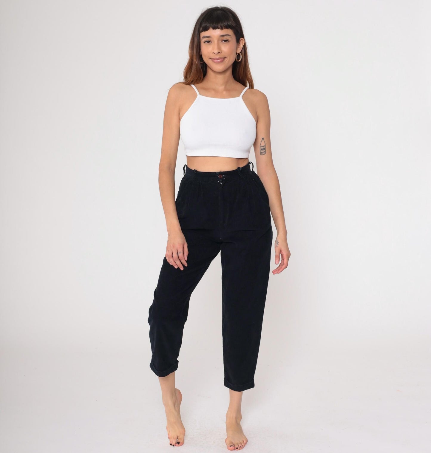 80s Michael Tracy Black Cotton High-Waisted Tapered Pants Small