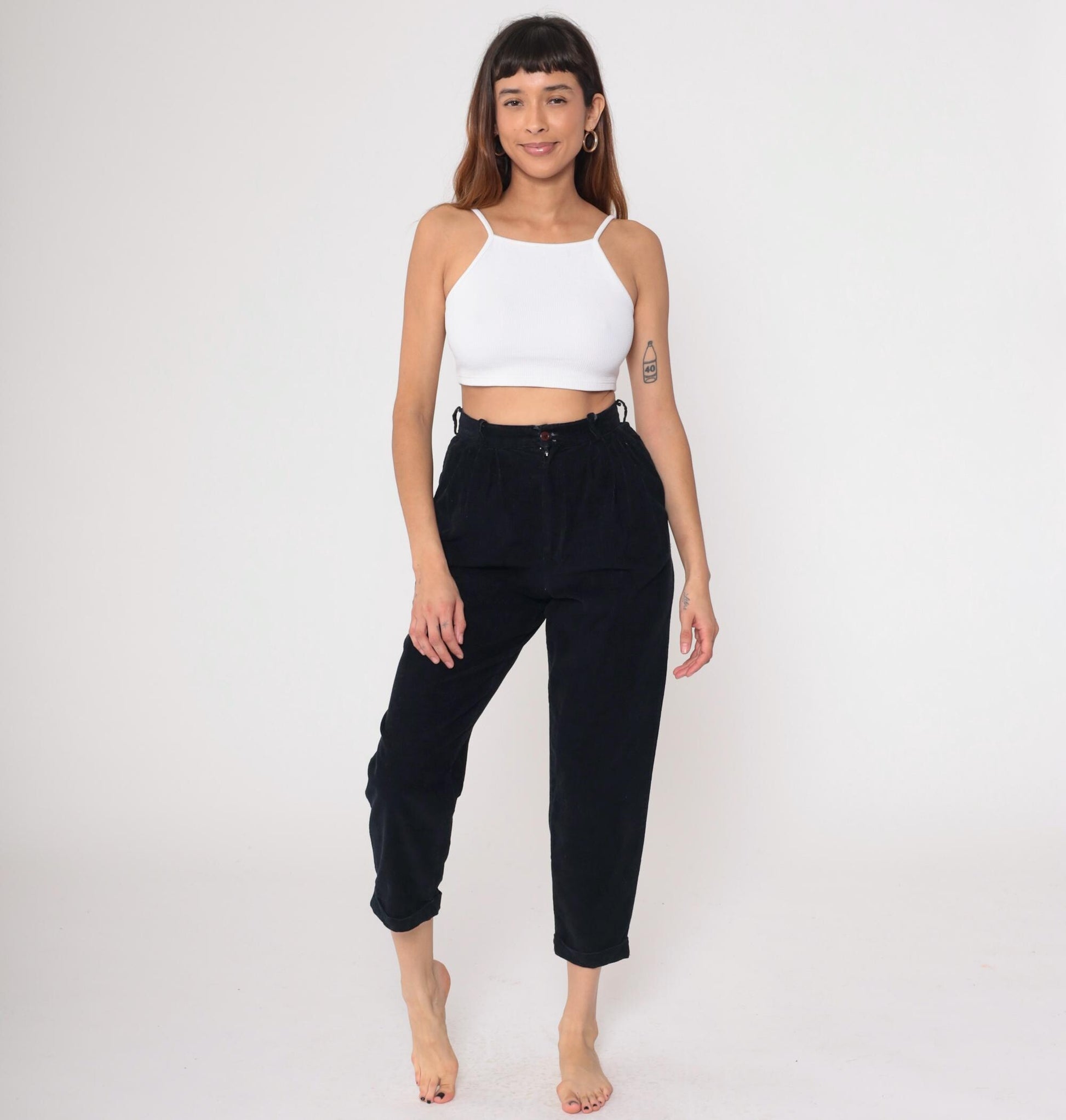 80s Michael Tracy Black Cotton High-Waisted Tapered Pants Small