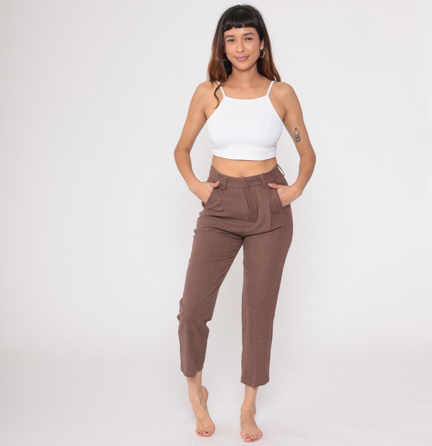 Y2K Brown Pleated Cropped Trousers Straight Leg High Waist Medium M