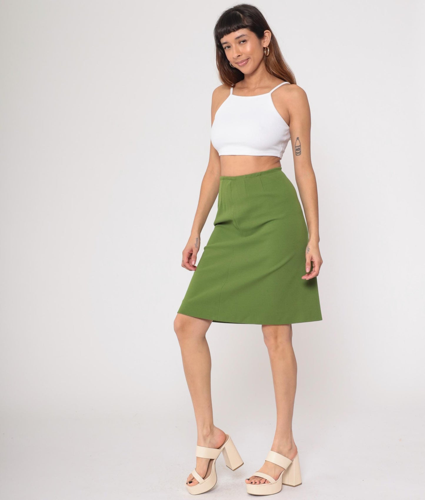 70s Olive Green A-Line Skirt Knee Length Back Zip Small S