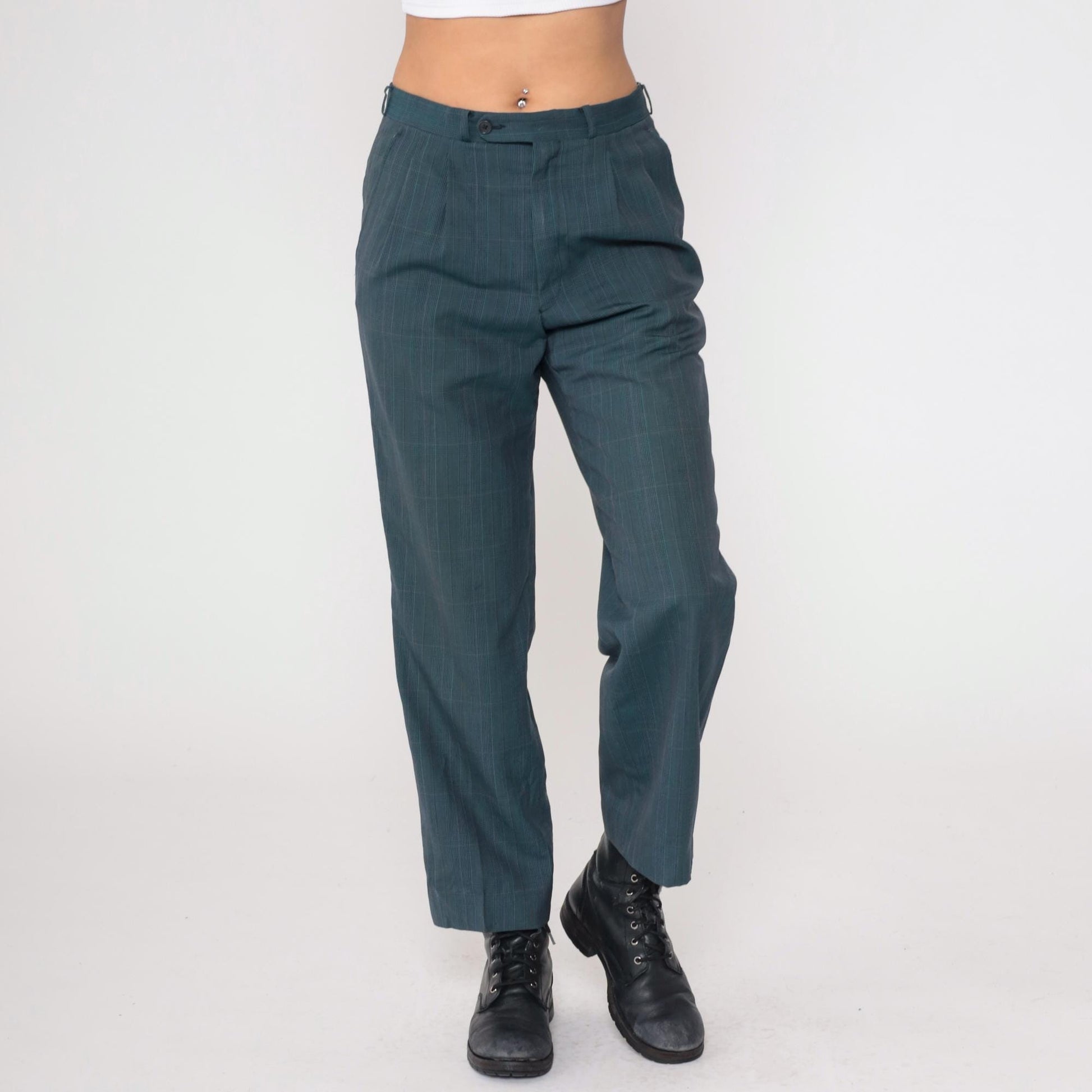 80s Dark Teal Plaid High Waist Straight Leg Trousers Pleated Large