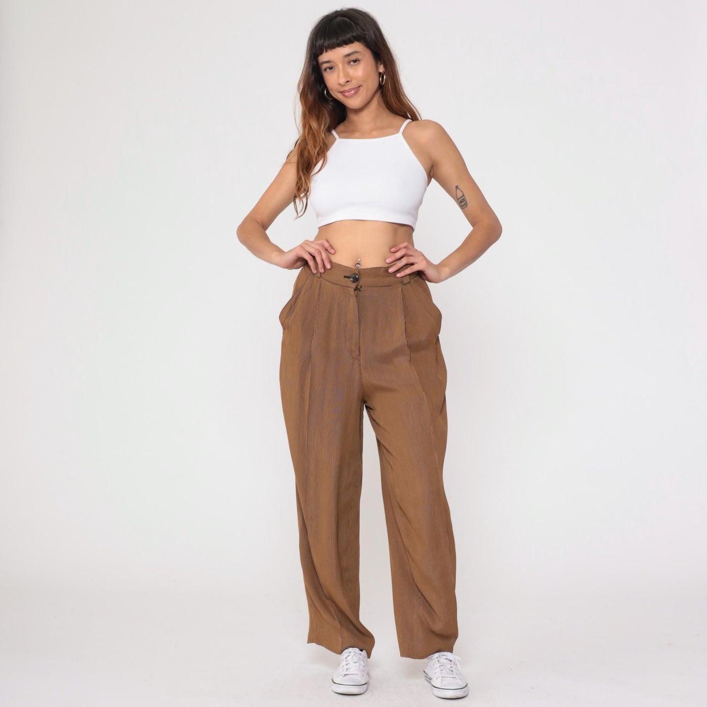 80s Emanuel Ungaro Pinstriped Trousers Brown Tan High Waist Pleated Medium