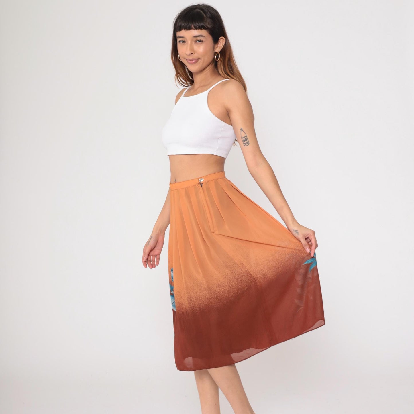 70s Peachy Brown Ombre Pleated Knee Skirt Blue Floral Small
