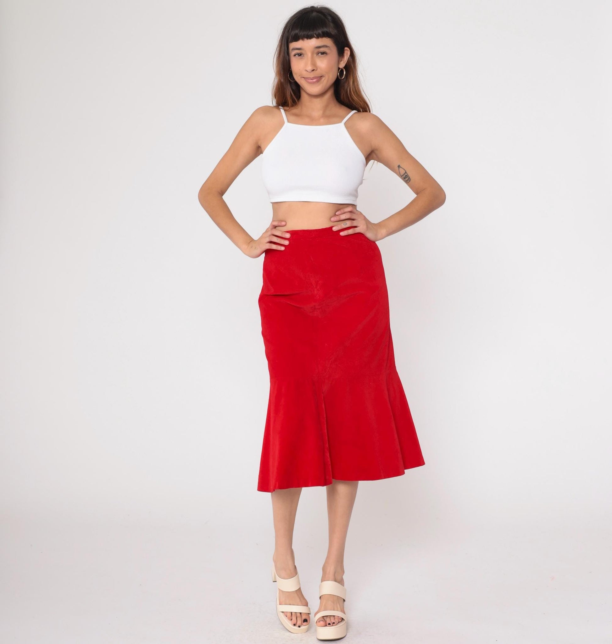 70s Red Velvet Midi Skirt Bucaretti High Waisted Trumpet Flare Small