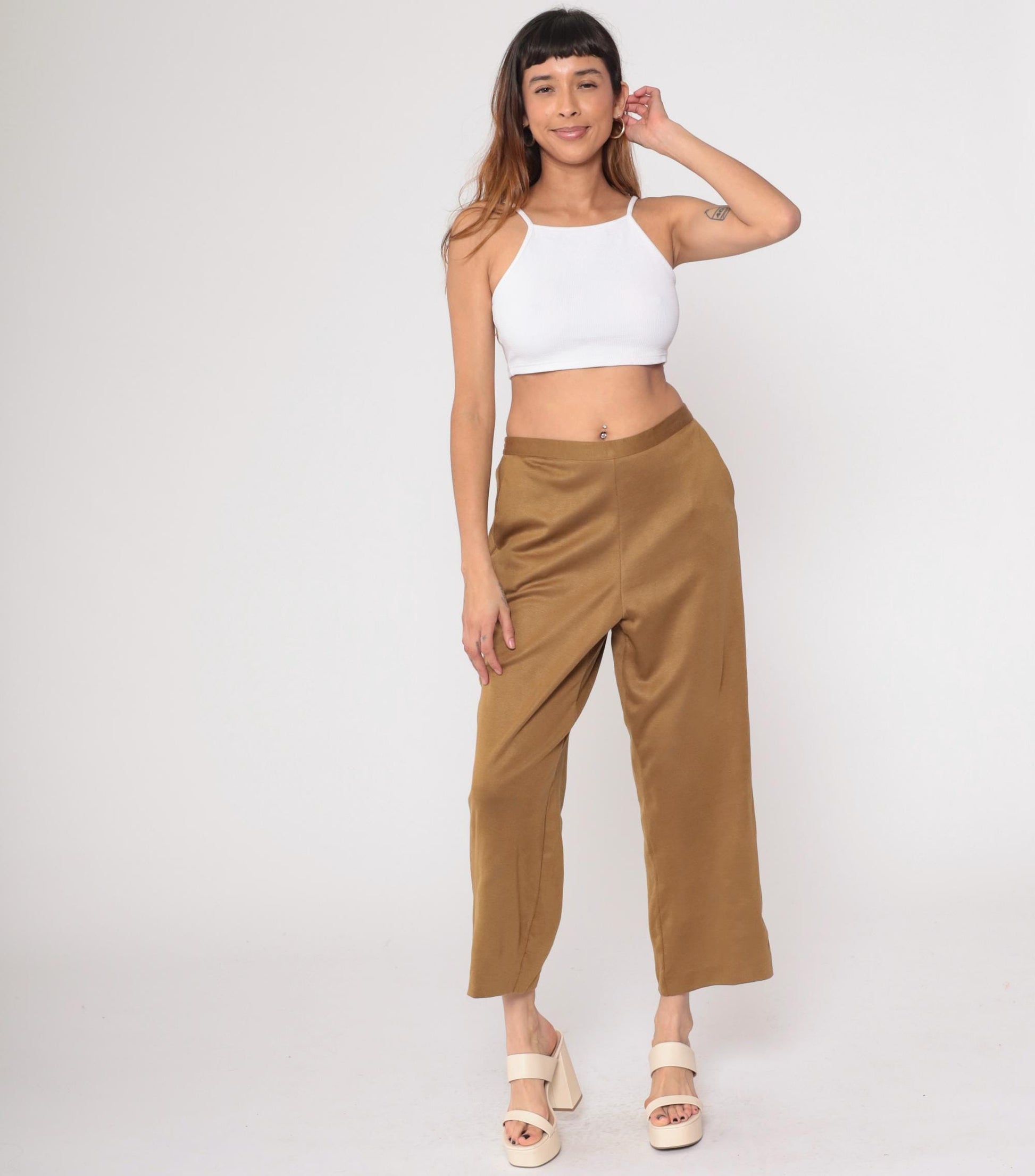 90s Alfred Dunner Tan Knit Pants Elastic Waist Cropped Ankle Large