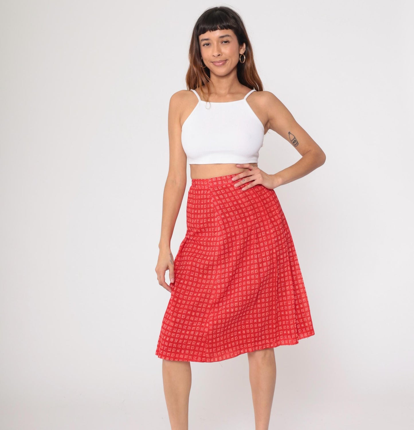 80s Red A-Line Mini Skirt Chinese Character Print High Waist Extra Small