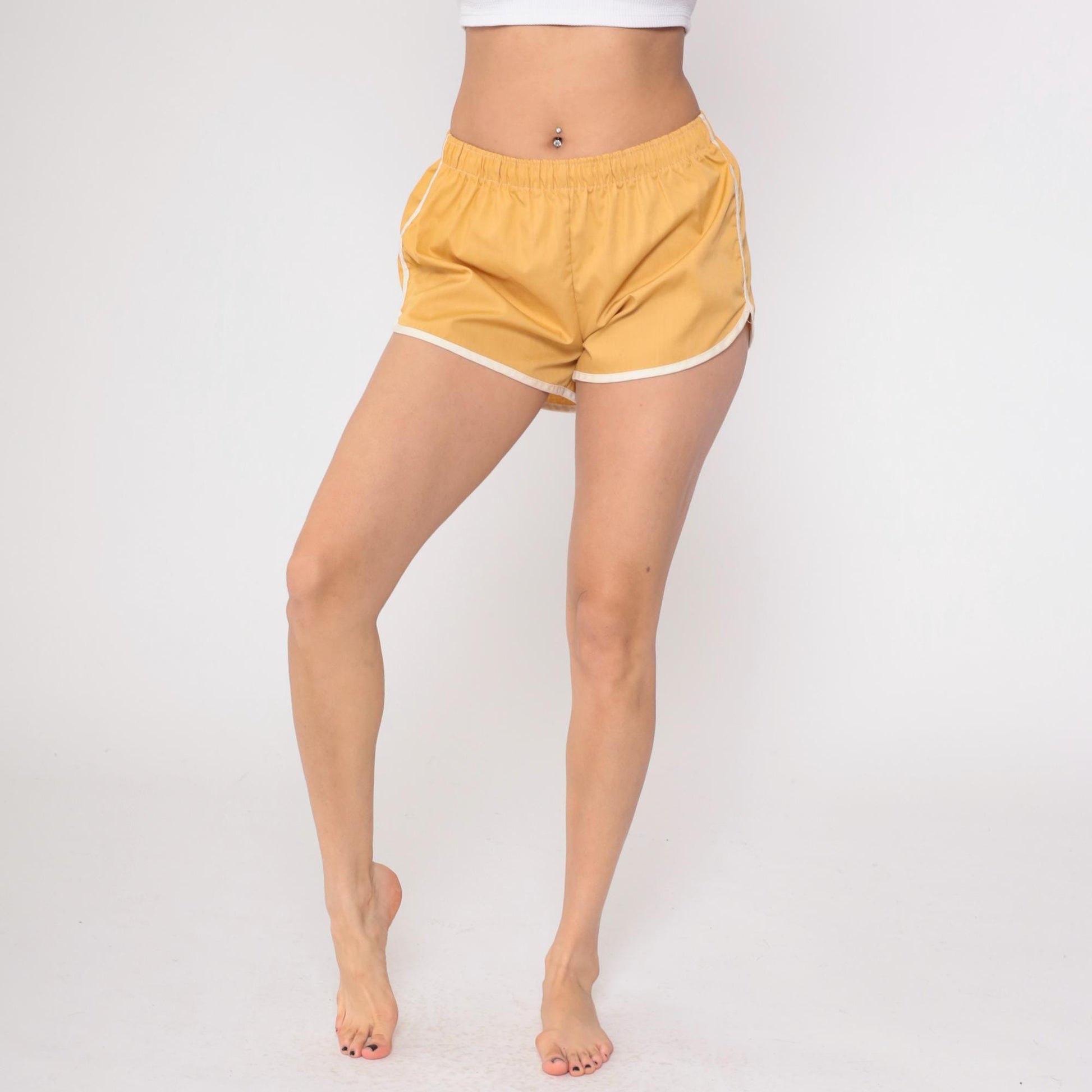 80s Tan Running Shorts White Trim Athletic Dolphin Hem Medium