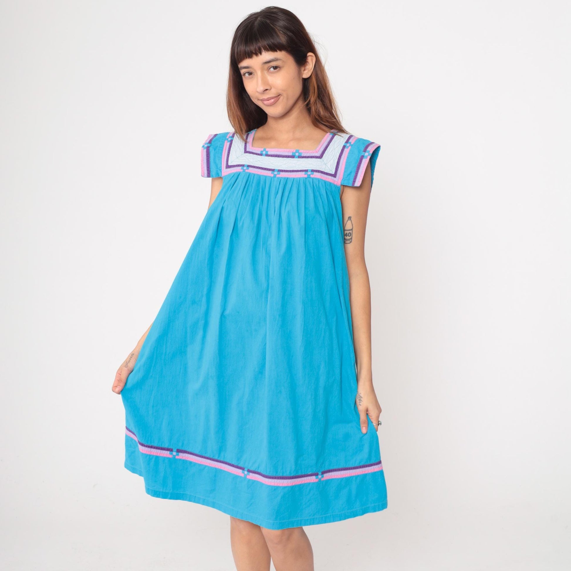 80s Turquoise Terry Cloth Dress Empire Waist Geometric Trim Cotton Large