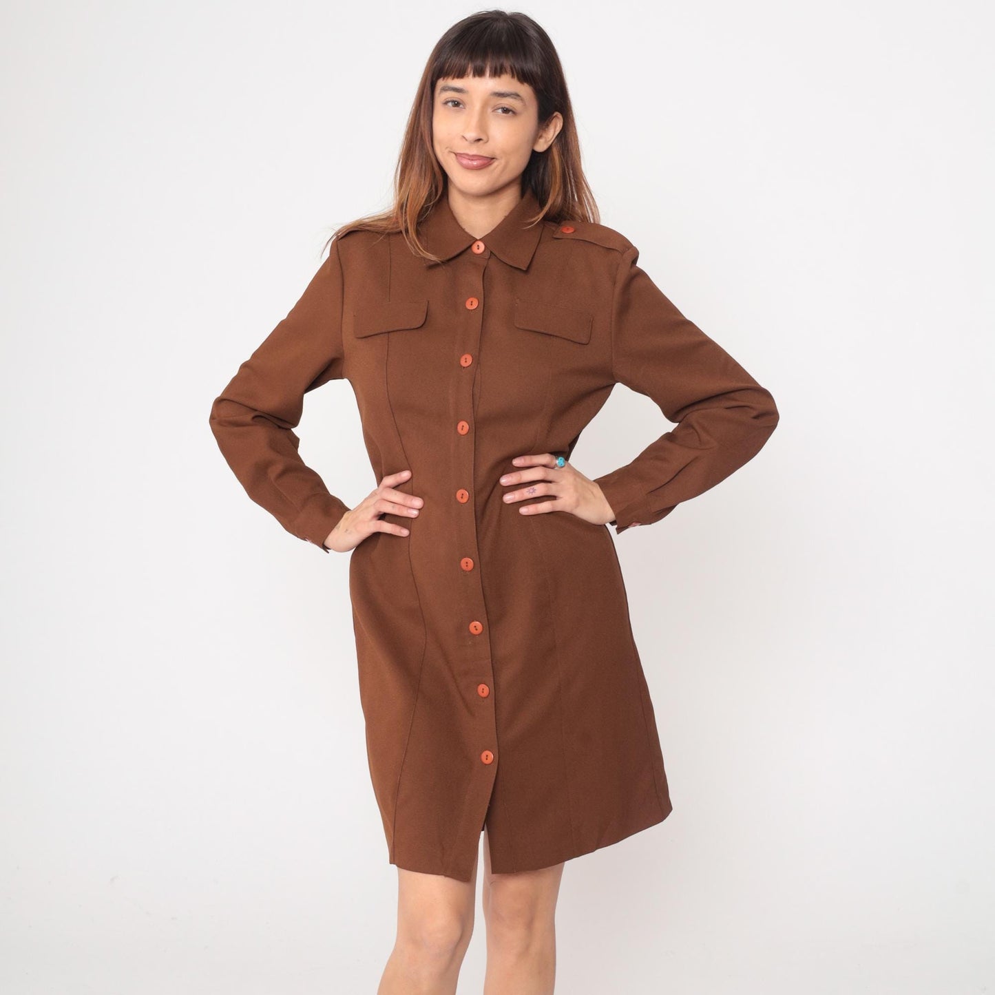 80s JRT Brown Shirt Dress Knee Length Collar Pockets Medium