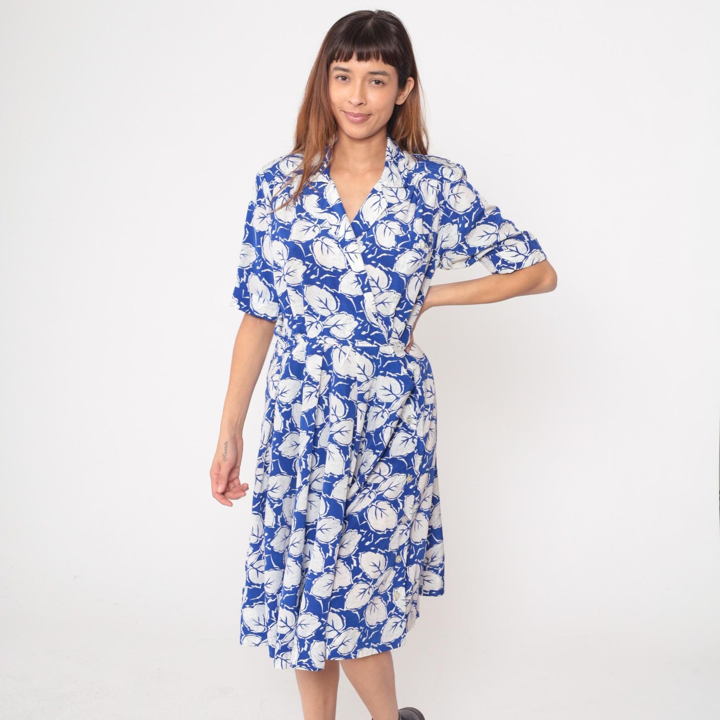80s Darian Blue White Floral Midi Wrap Dress Collared V-Neck Medium