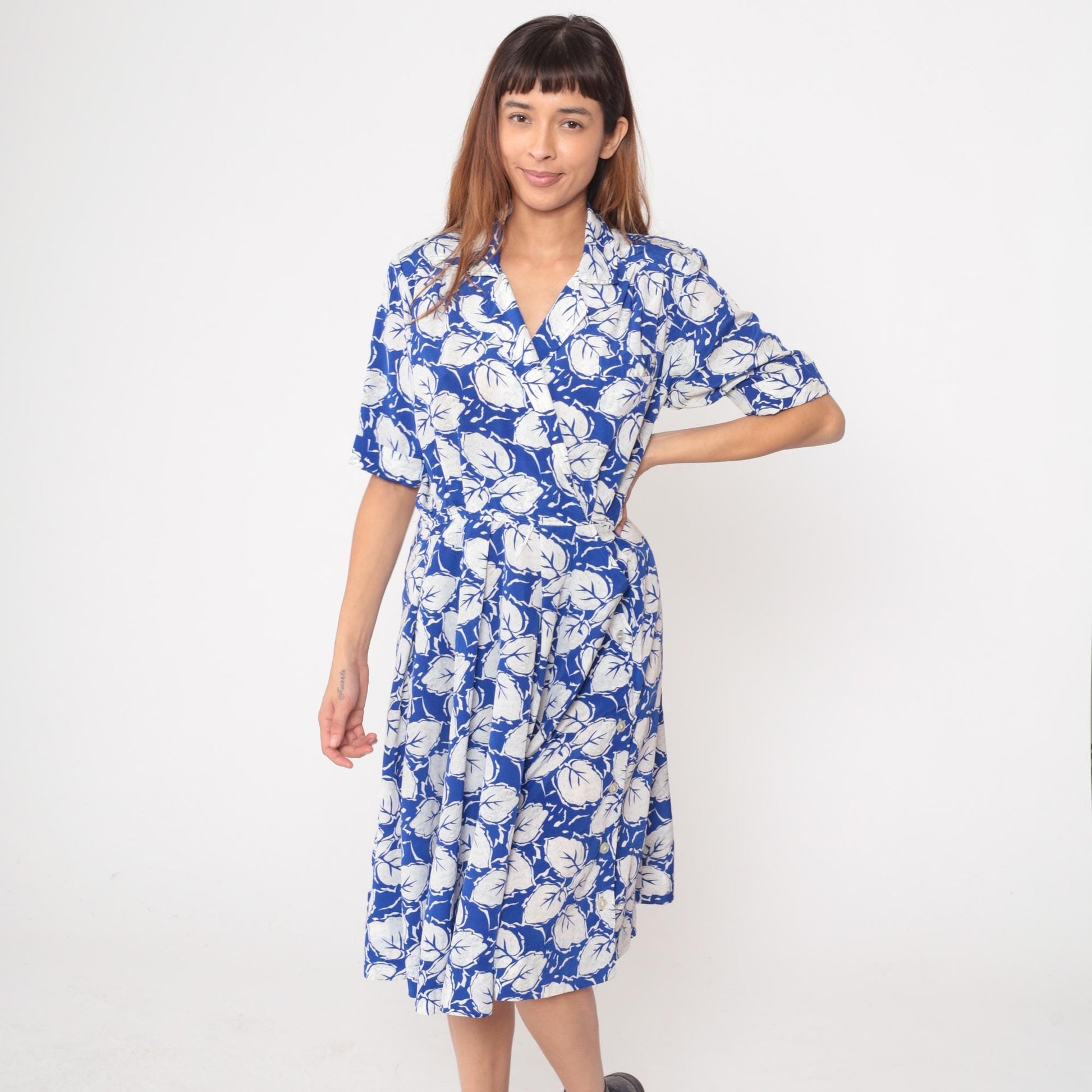 80s Darian Blue White Floral Midi Wrap Dress Collared V-Neck Medium