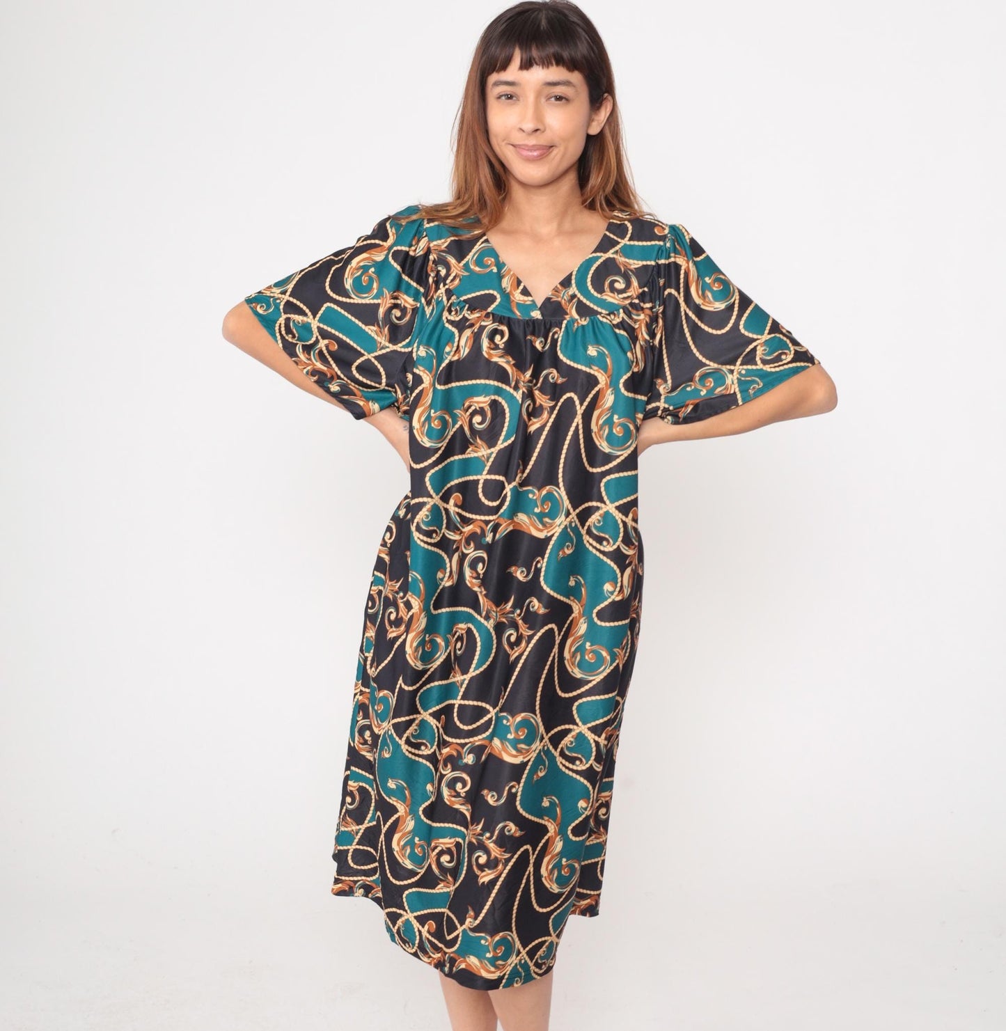 Y2K Anthony Richards Paisley Scroll Dress Teal Black Kimono Sleeve Plus Size XXL