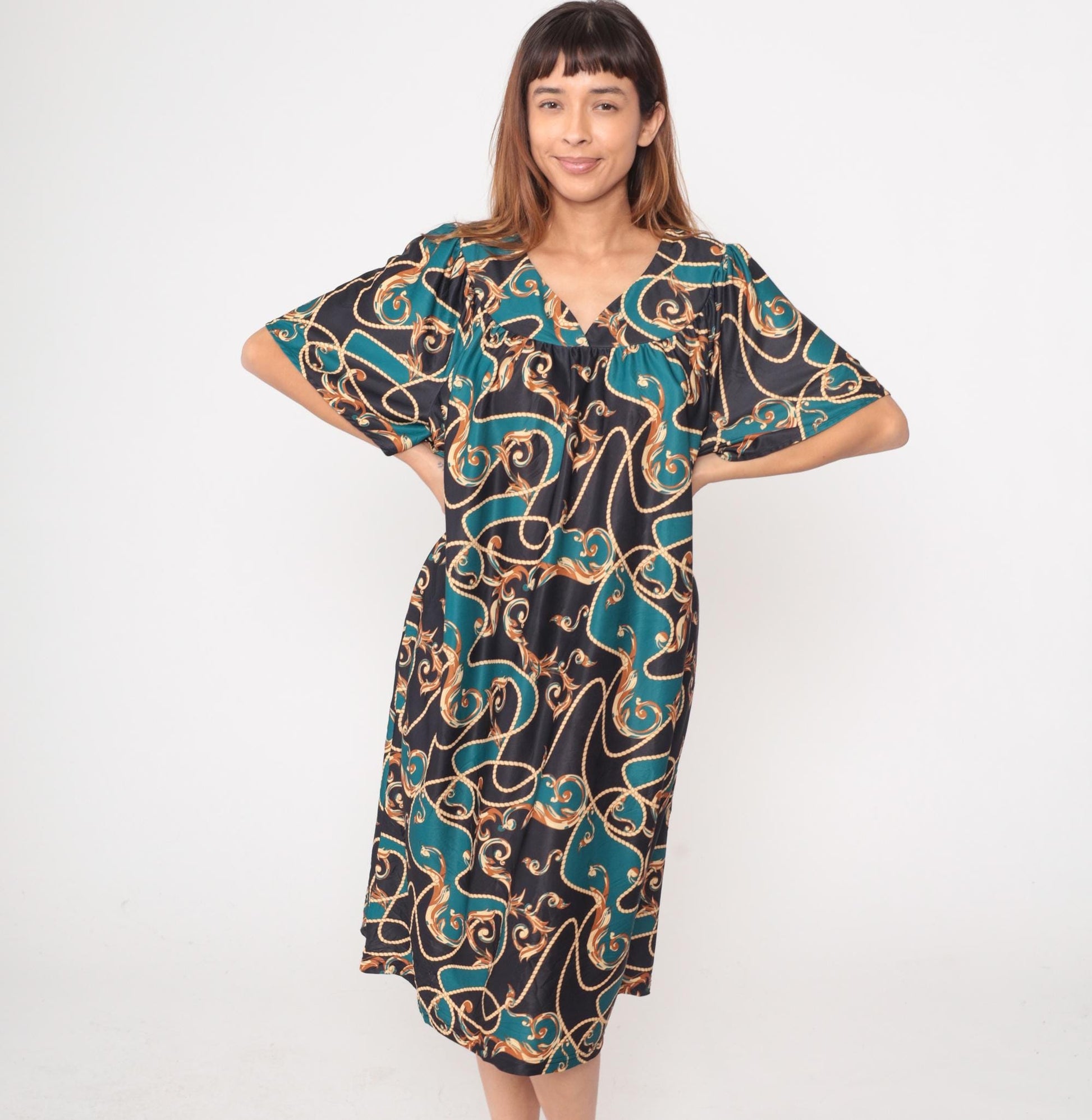 Y2K Anthony Richards Paisley Scroll Dress Teal Black Kimono Sleeve Plus Size XXL