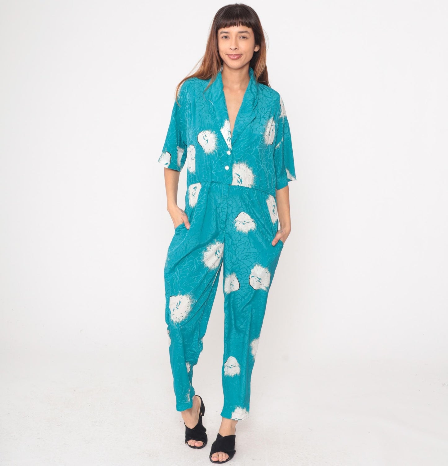 80s Turquoise Jumpsuit Floral Print Button Front Notched Collar Medium M