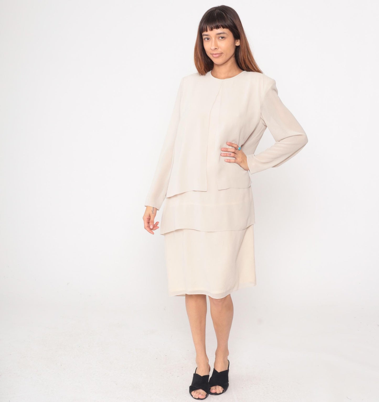 90s After Dark Cream Layered Dress Long Sleeve Round Neck Large L