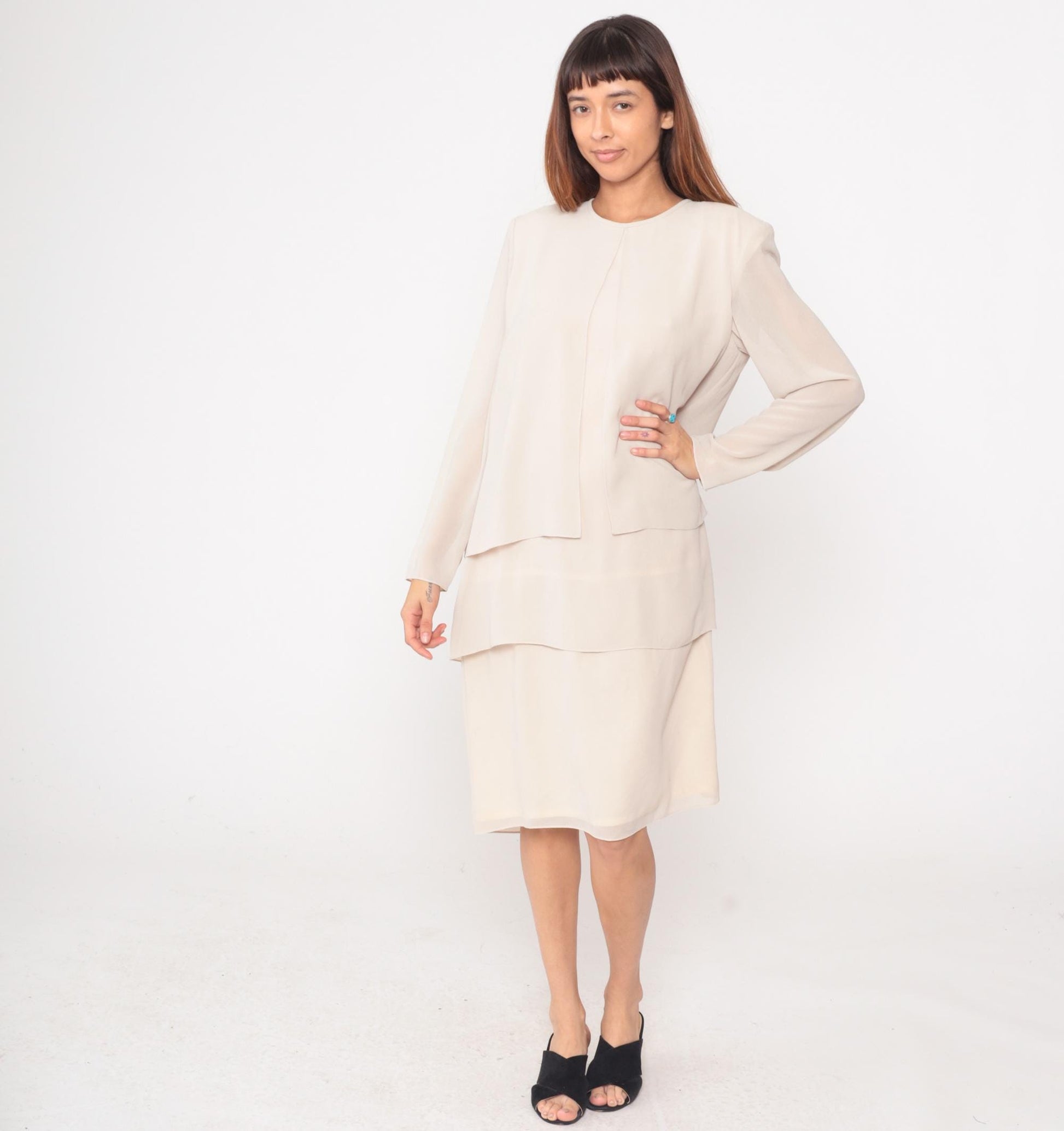 90s After Dark Cream Layered Dress Long Sleeve Round Neck Large L
