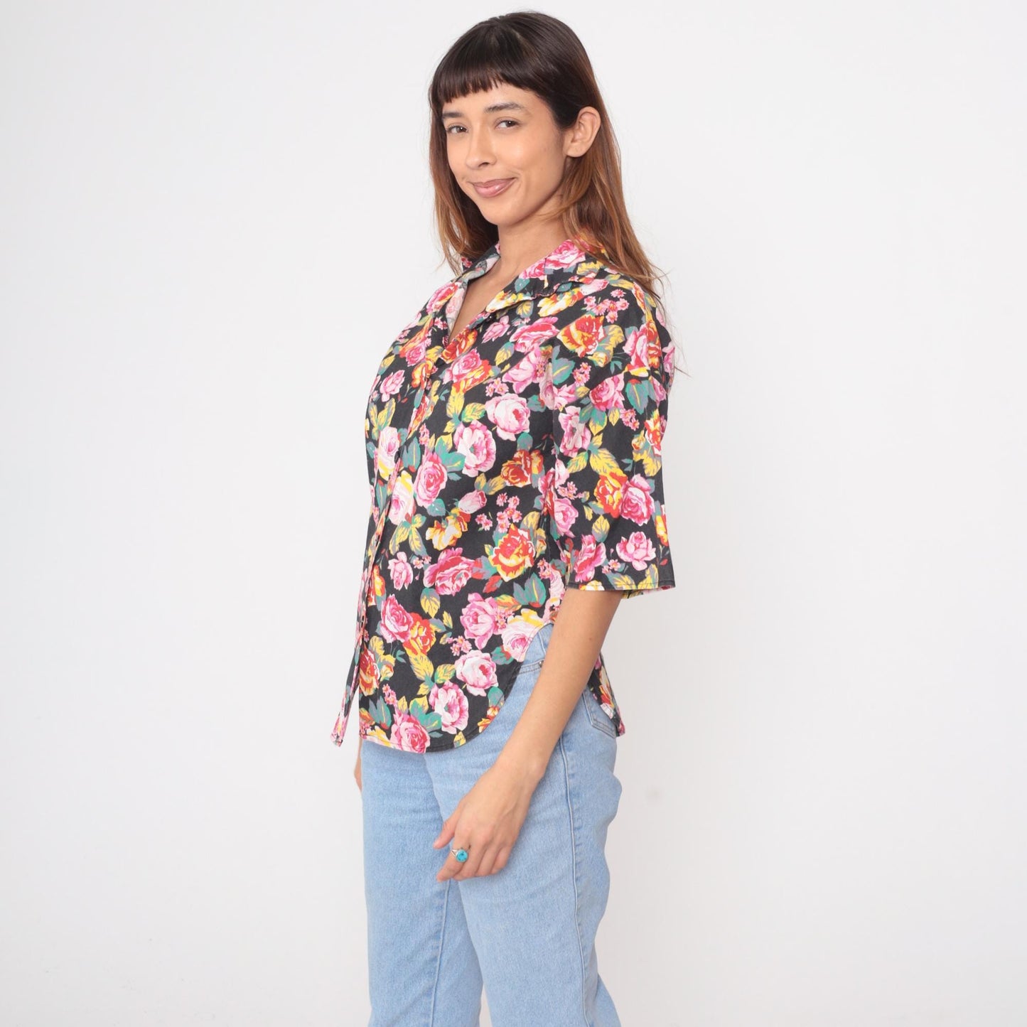 90s Sure Thing of California Black Floral Button Down Shirt Medium M