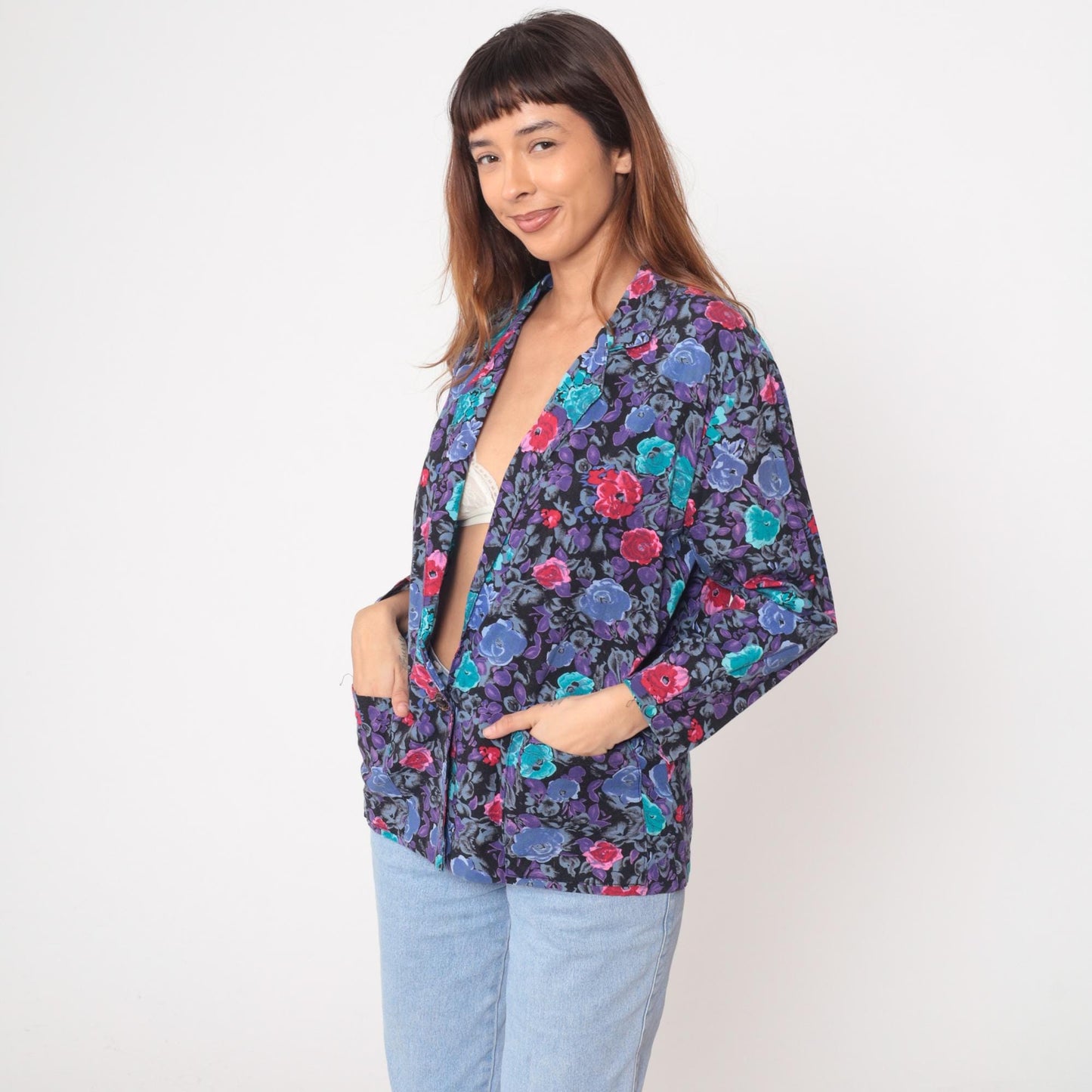 90s Floral Blazer Single Button Notched Lapel Long Sleeve Black Multi Medium M