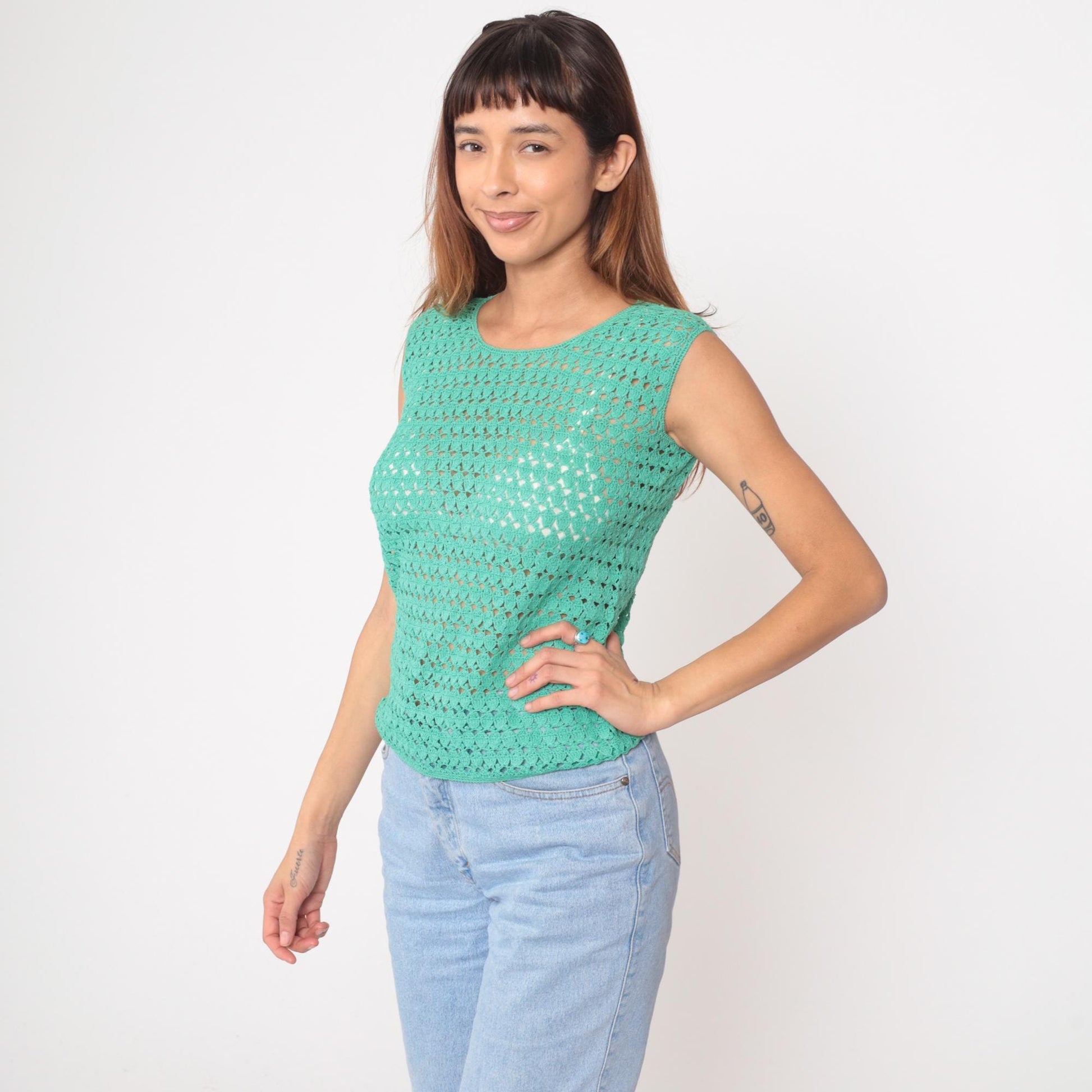 70s Turquoise Crochet Knit Sleeveless Tank Top Open Stitch Small