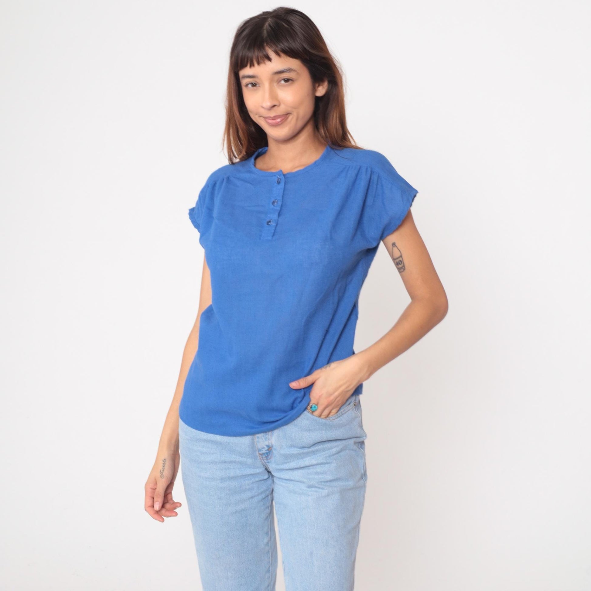 80s Catalina Cotton Blue Button Blouse Gathered Yoke Cap Sleeves Medium