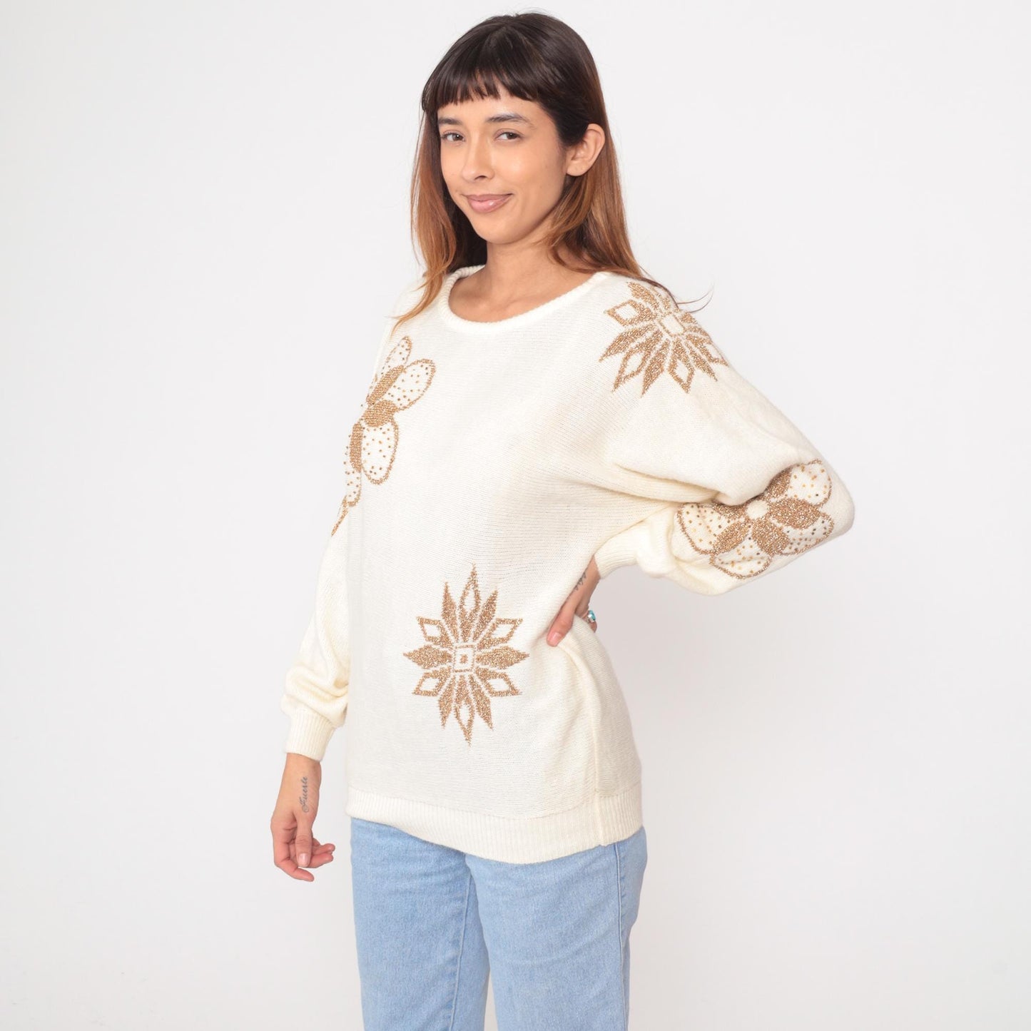 80s Nilani Cream Beaded Sweater Gold Floral Sequin Pullover Medium M