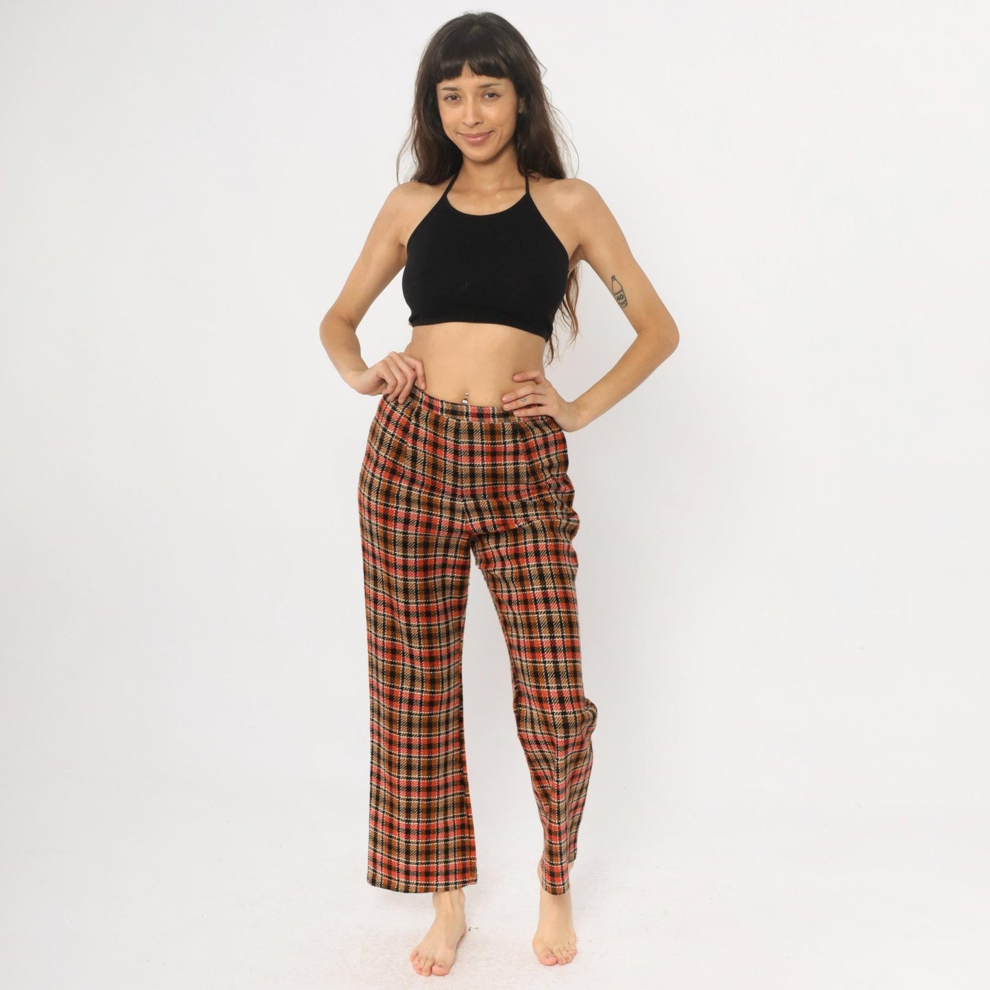 70s Plaid Wide Leg Trousers High Waisted Orange Brown Black Houndstooth Small