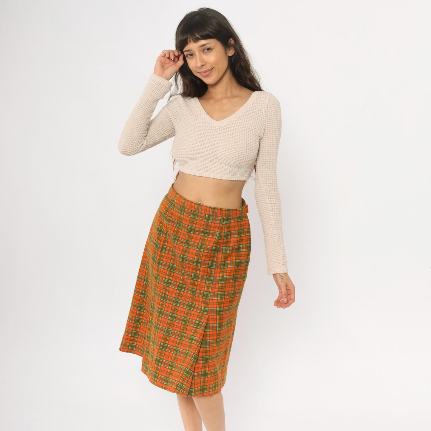 70s Orange Green Plaid A-Line Skirt Knee Length Wrap Small