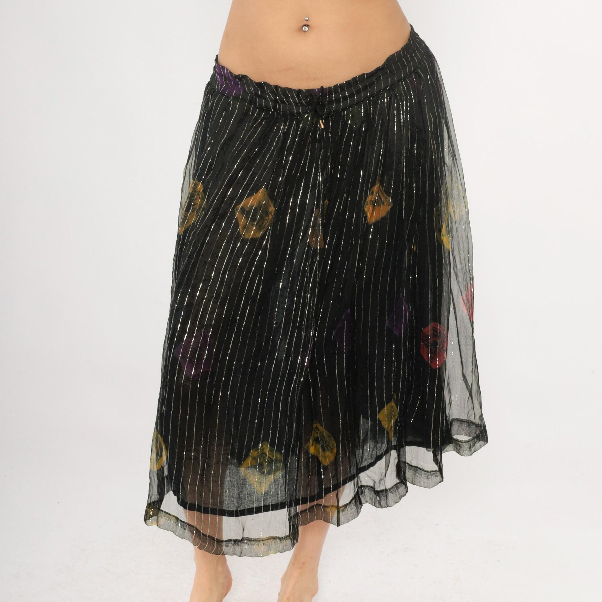 90s Black Floral Midi Skirt Metallic Pinstripe Sheer Overlay Medium