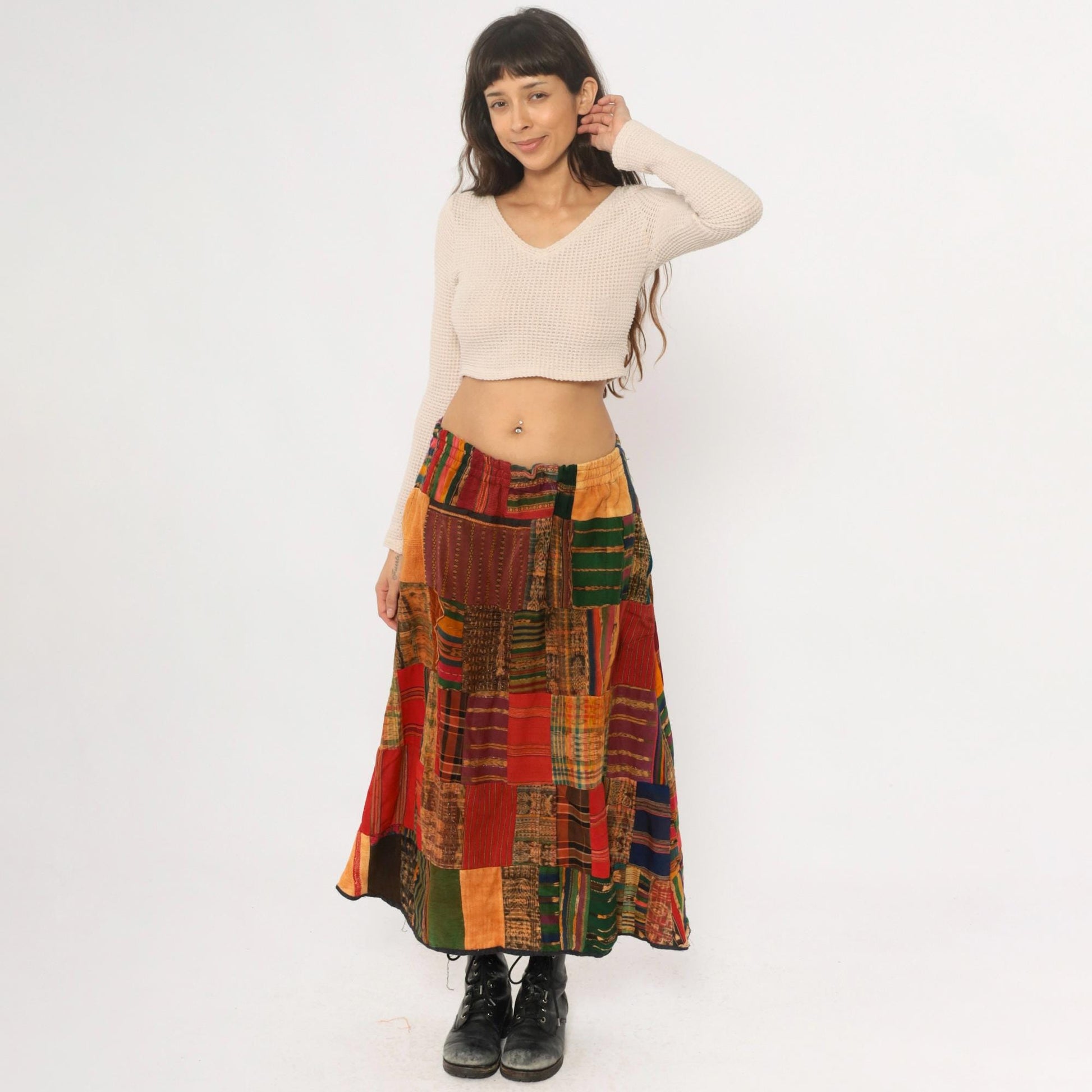 90s Patchwork A-Line Skirt Multicolor Ethnic Striped Cotton Ankle Length Medium