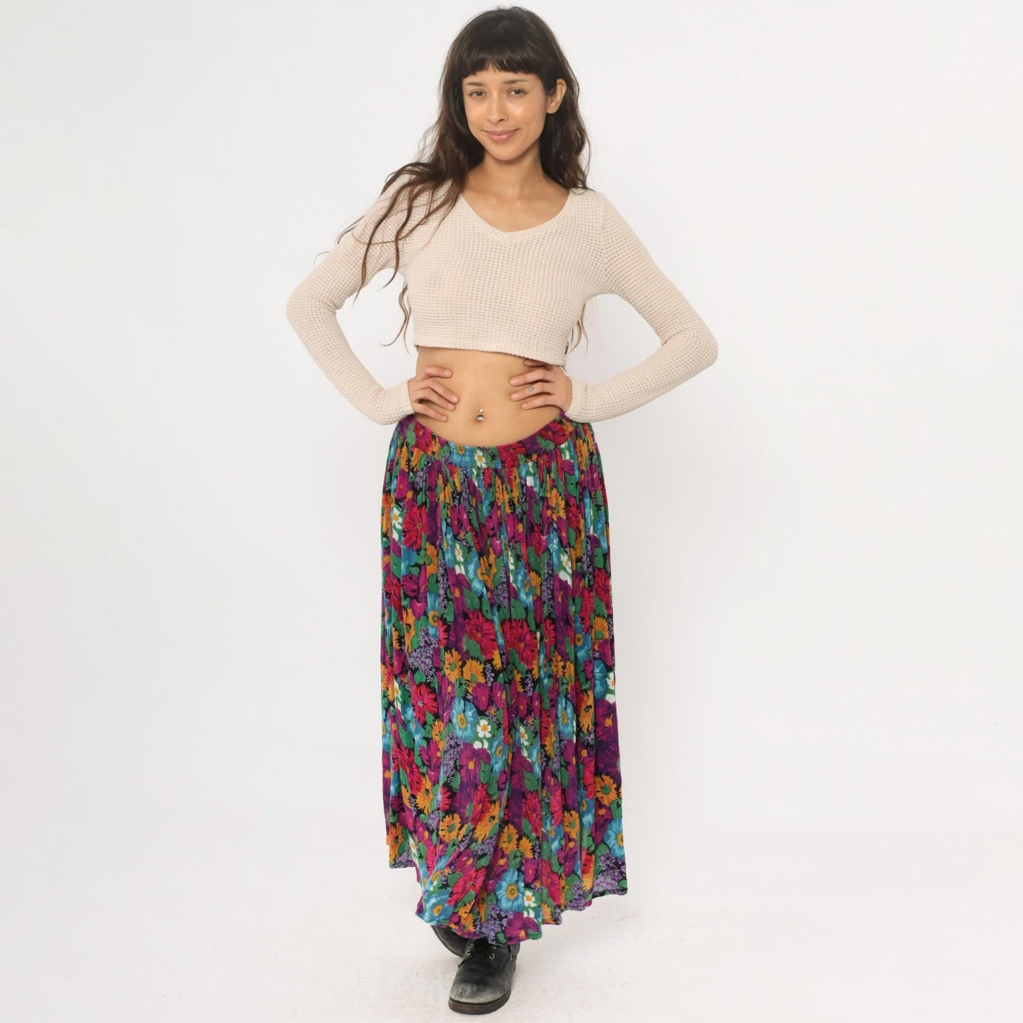 90s Jane Ashley Floral Maxi Skirt Purple Multicolor Gathered Large L