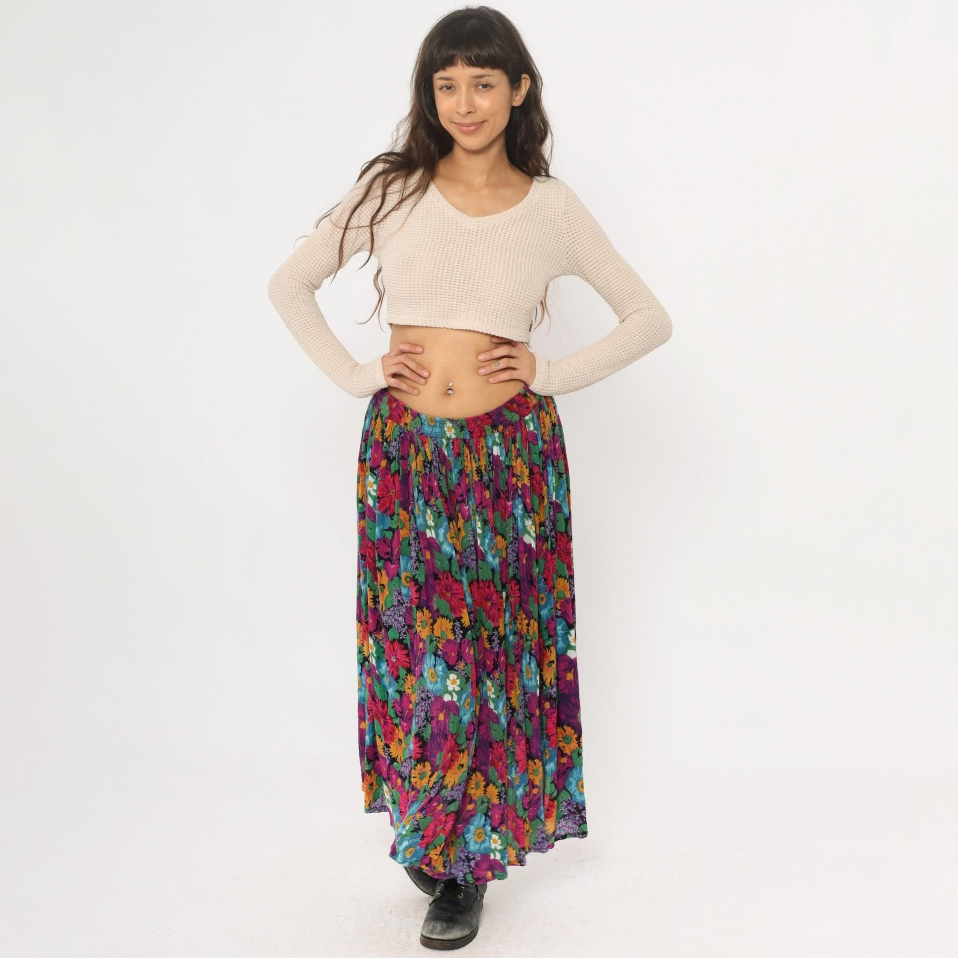 90s Jane Ashley Floral Maxi Skirt Purple Multicolor Gathered Large L
