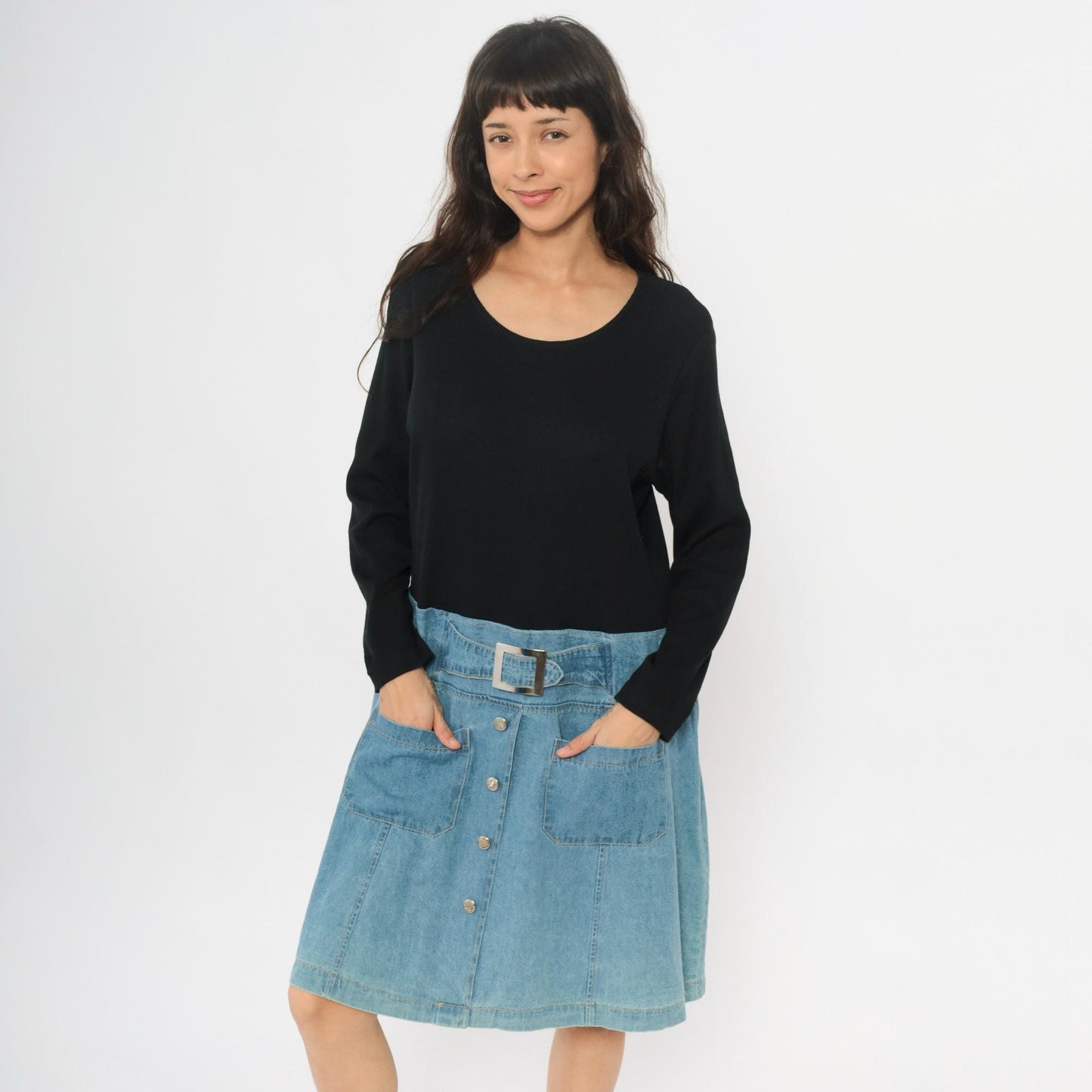 90s Diana Marco Denim Dress Black Chambray Two Tone Belted Extra Large XL