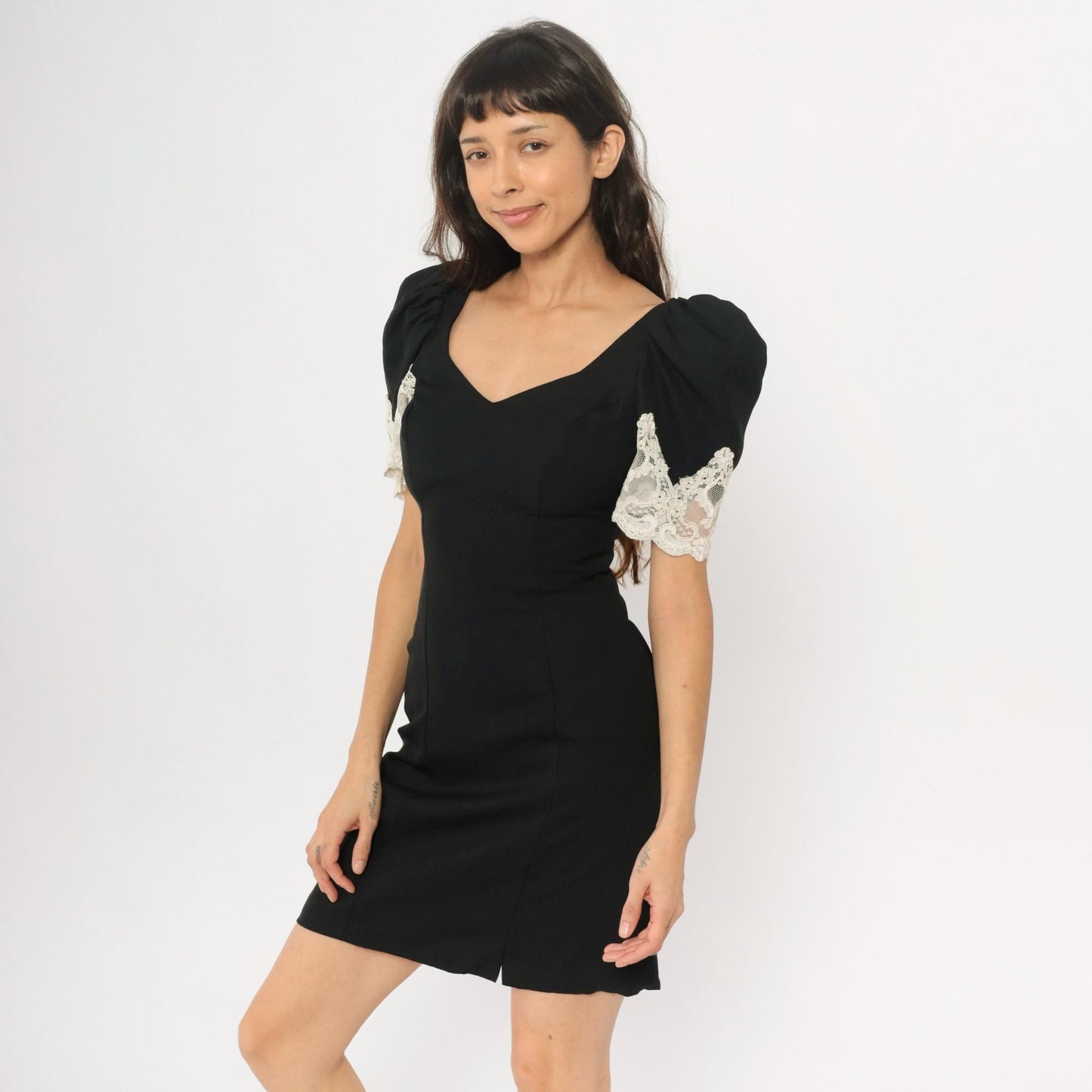 90s Alfred Angelo Black Mini Dress White Lace Puff Sleeves Small S