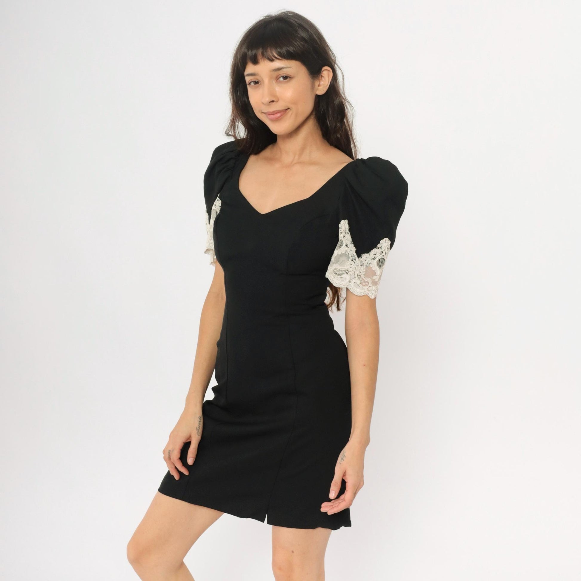 90s Alfred Angelo Black Mini Dress White Lace Puff Sleeves Small S